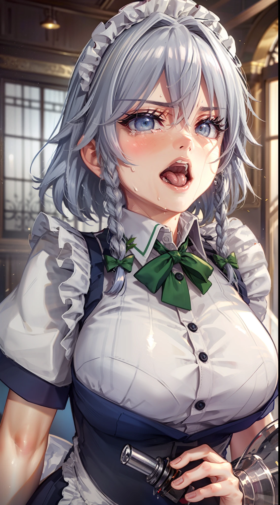 (Unity 16K Wallpaper, masutepiece, Best Quality, Ultra-detailed, extremely details CG, Cinematic lighting, Detailed, Beautiful detailed eyes, Solo),超A high resolution,Fine skin,A sexy,maid, maid apronl, Maid headdress,Knives, ahegao, blush, sweat, open mouth, rolling eyes, tears, tongue out, angry, From below, Indoors,