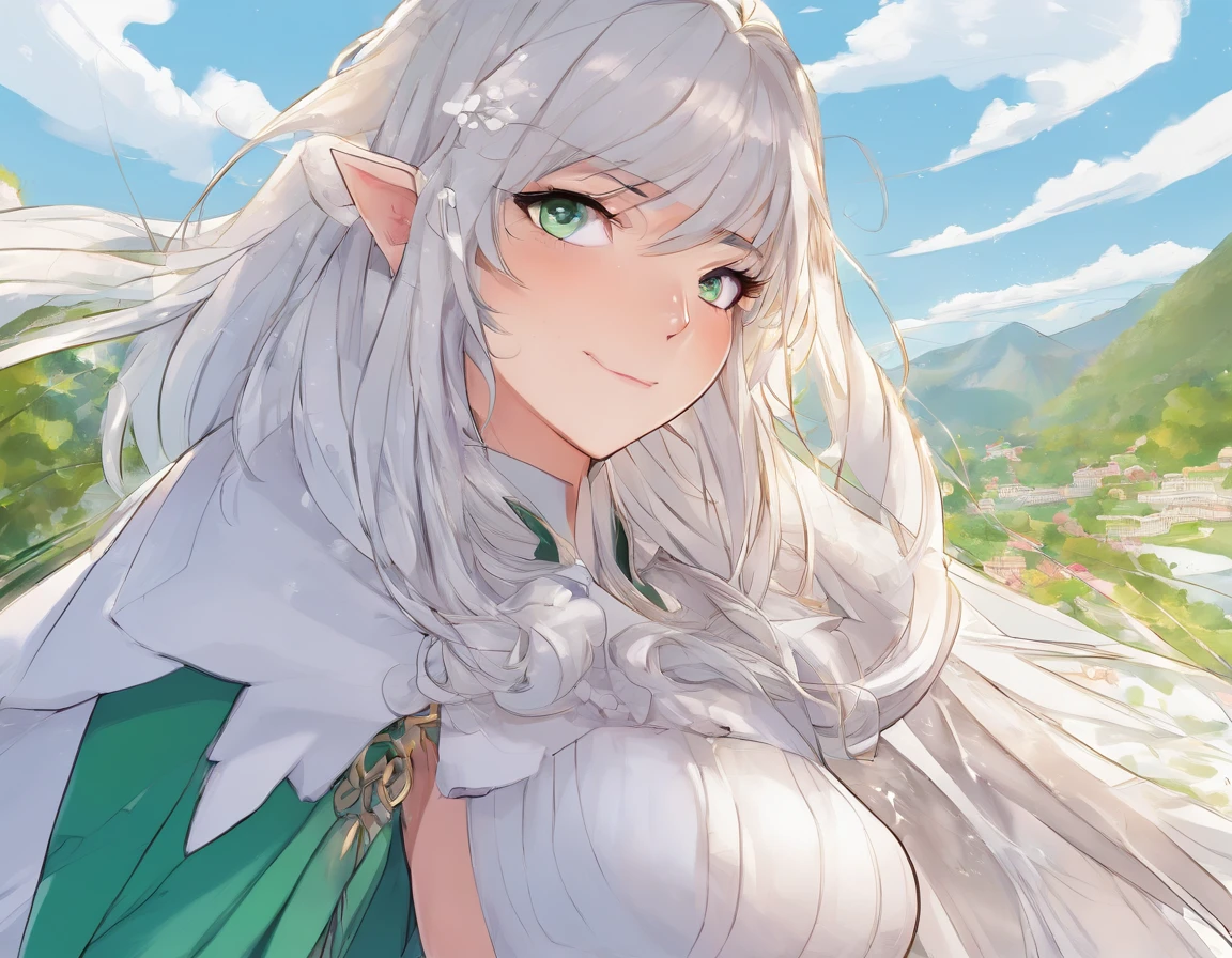1girl, black hair, cape, facial mark, Green eyes, Hair between the eyes, Long hair, looking a viewer, multi-colored hair, Formal style, parody, 独奏, two tone hair, white colored hair