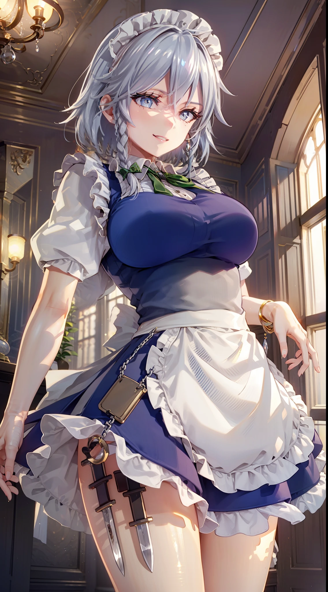 (Unity 16K Wallpaper, masutepiece, Best Quality, Ultra-detailed, extremely details CG, Cinematic lighting, Detailed, Beautiful detailed eyes, Solo),超A high resolution,Fine skin,A sexy,maid, maid apronl, Maid headdress,Knives, seductive smile, From below, Indoors,