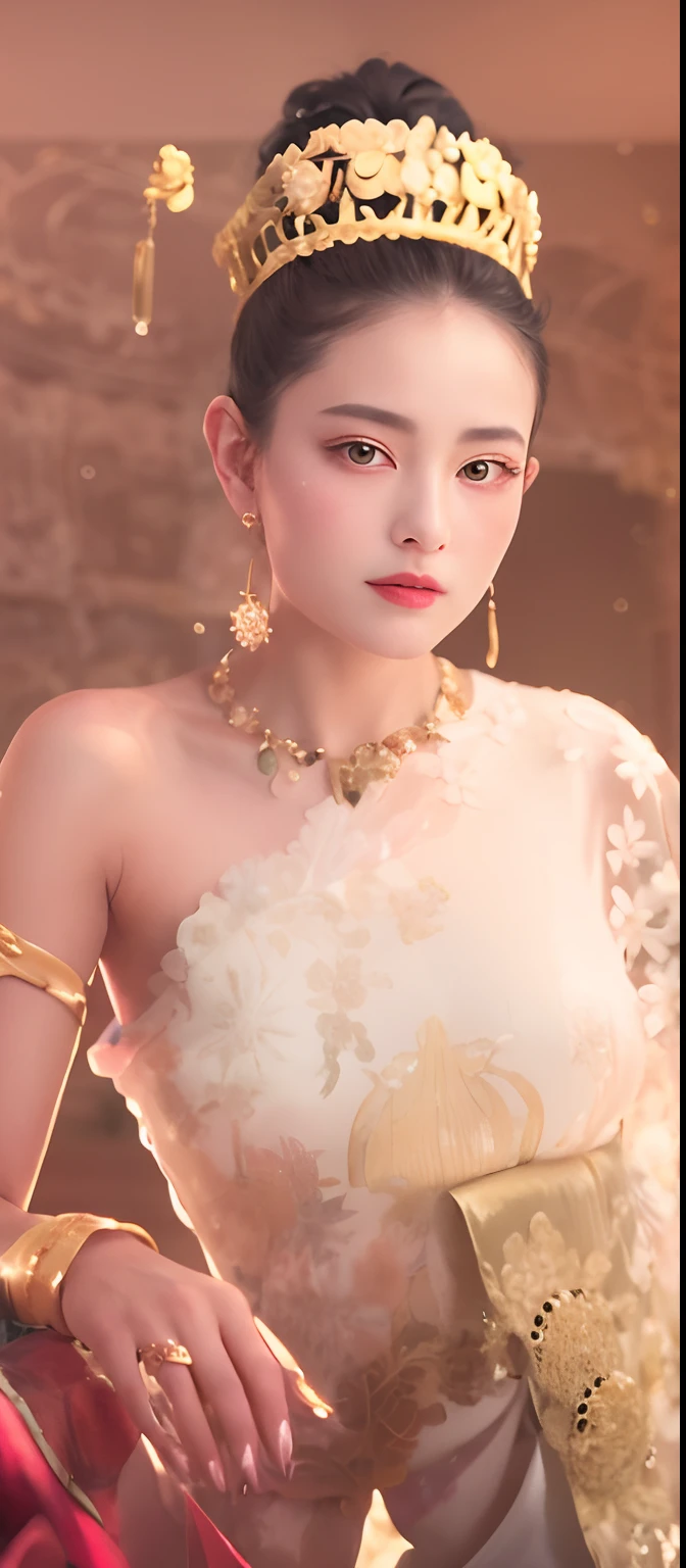 arafed woman in a white dress and gold jewelry posing for a picture, dilraba dilmurat, chinese princess, traditional beauty, palace , a girl in hanfu, ruan jia beautiful!, gorgeous chinese model, very beautiful elven top model, a stunning young ethereal figure, inspired by Lan Ying, ethereal beauty, a beautiful fantasy empress