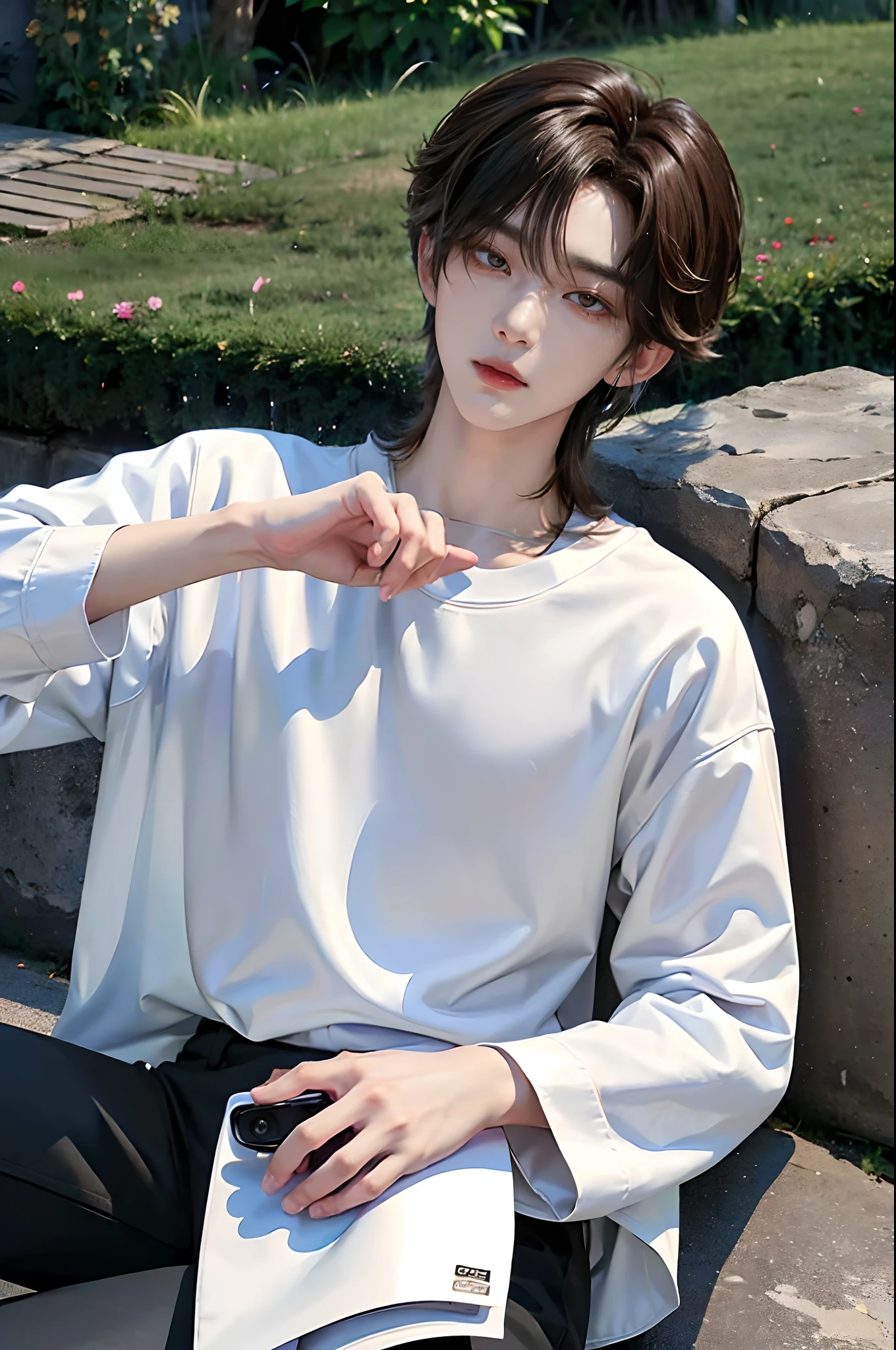 ​masterpiece、（top-quality)、((high-level image quality))、One Manly Boy、Slim body、((White Y-shirt and long black pants))、(Detailed beautiful eyes)、September Night Road、sitting on a curb、Face similar to Chaewon in Ruseraphim、((short hair above the ears))、((Smaller face))、((Neutral face))、((Light brown eyes))、((Korean boy))、((18year old))、((Handsome man))、((Wild look))、((Korean Makeup))、((elongated and sharp eyes))、((Sit next to the viewer))、((shot from a side angle))、((The upper part of the body))、((Close-range shooting))