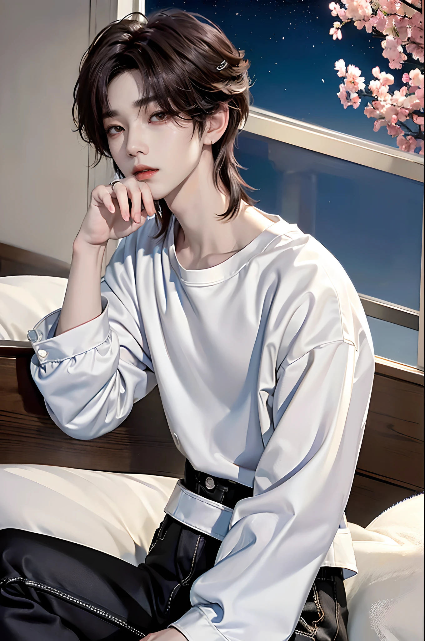 masterpiece、(top-quality)、((high-level image quality))、One Manly Boy、Slim body、((White Y-shirt and long black pants))、(Detailed beautiful eyes)、September Night Road、sitting on a curb、Face similar to Chaewon in Ruseraphim、((short hair above the ears))、((Smaller face))、((Neutral face))、((Light brown eyes))、((Korean boy))、((18year old))、((Handsome man))、((Wild look))、((Korean Makeup))、((elongated and sharp eyes))、((Sit next to the viewer))、((shot from a side angle))、((The upper part of the body))、((Close-range shooting))