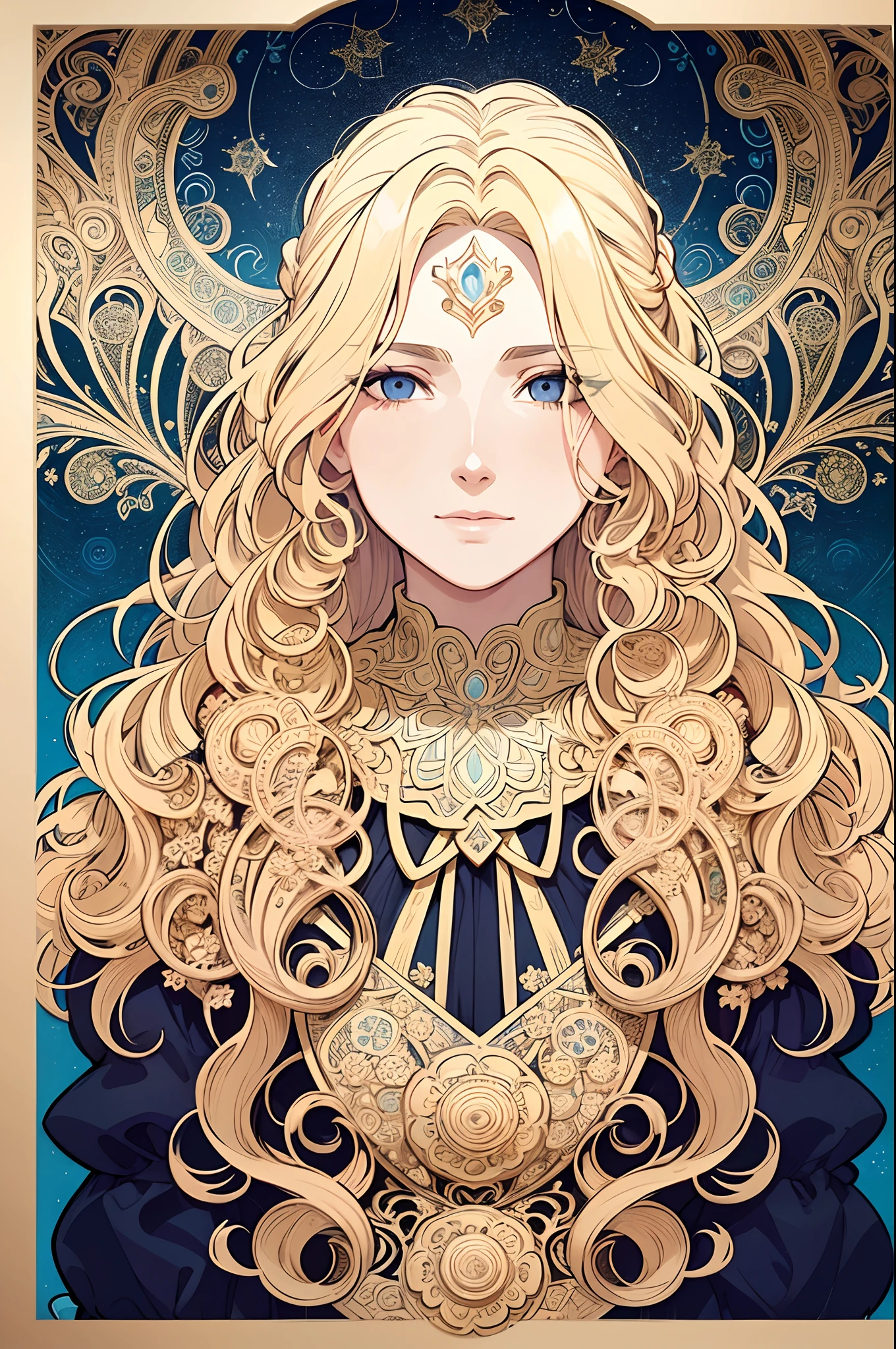 European woman's face portrait, long curly hair, blonde, flower frame, decorative panel, abstract art, by Alphonse Mucha (masterpiece, highest quality, high resolution: 1.4), detailed, intricate details, 4K, color splash, line art, Fibonacci, in underwear