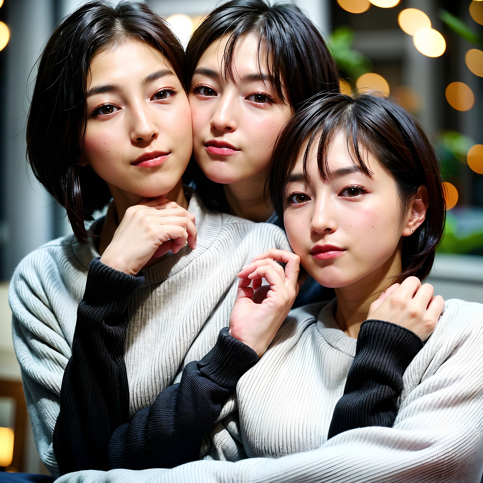 ((8K、masterpiece、top-quality、ultra-definition、hight resolution))、ultra close up、Identical twin sisters kissing in bed、lesbian、beatiful detailed eyes、perfect eyes、Beautiful detailed skin、undergarment、a bed、Bokeh