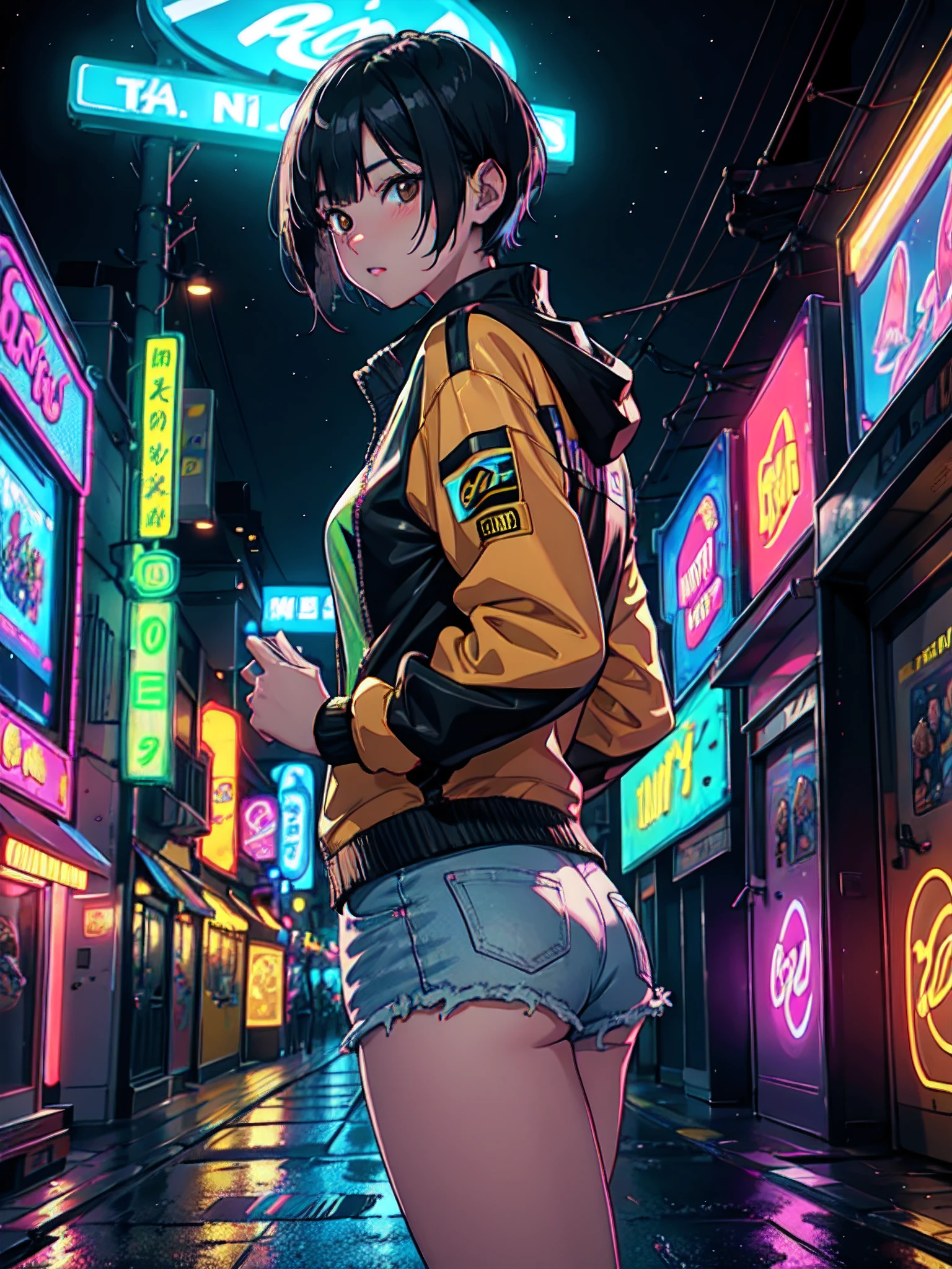 ((masutepiece)), ((Best Quality)), (Ultra-detailed), ((Extremely detailed)), 4K, (8K), Best Quality, Flat color, heavy outline, sharp outline, 1girl in, Solo, Side view, profile shot, ((Rim lighting)), under the boobs, short smile, Cute soaking wet girl in ivory and yellow bikini and jacket, Inflating bubble gum, Hands in pockets, brunette medium hair with bangs, Wet skin, stand next to a vending machine, cyberpunk city in the rain, neon light