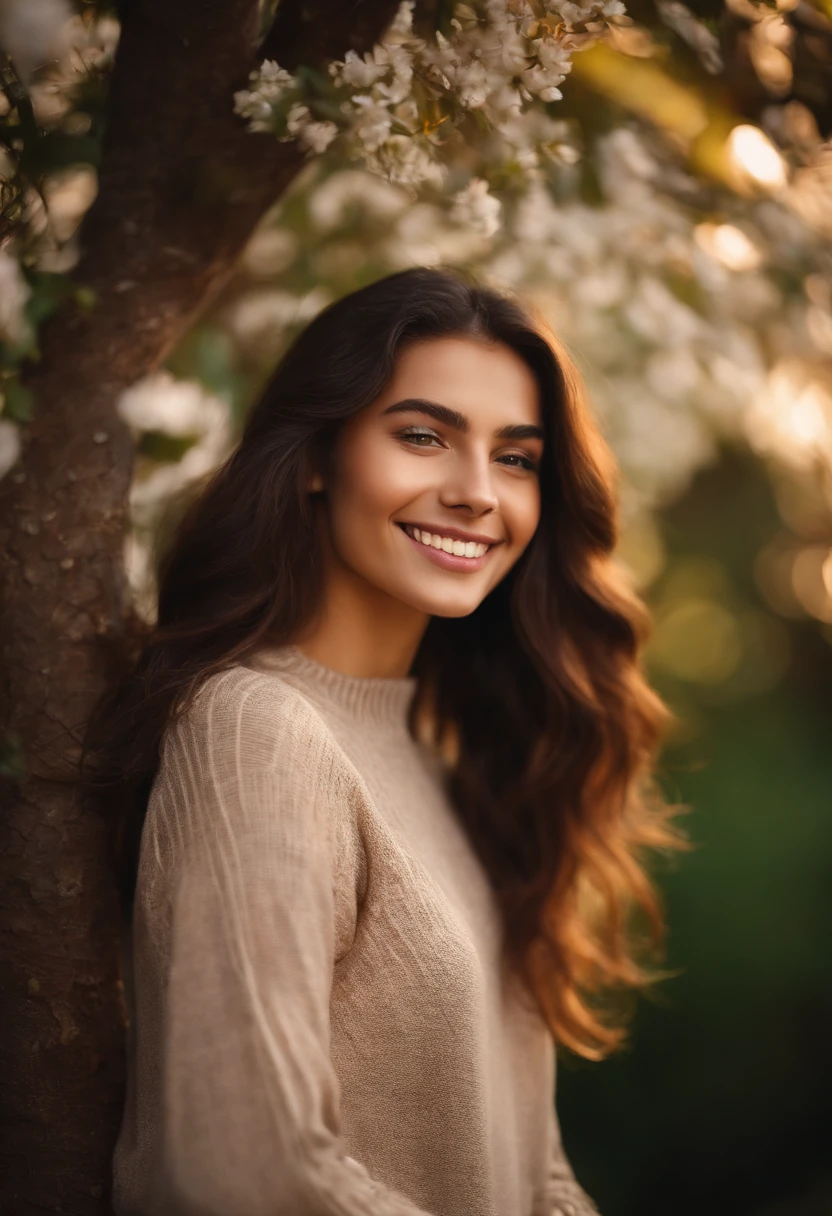 masterpiece,DSLR photo,analog style,nikon d5,real photo,a photo of a beautiful 20 year old woman,dramatic lighting (85mm),with Blooming garden in the background,(detailed facial features),(detailed shiny eyes),dynamic angle,Michelangelo style,long hair,turtleneck sweater,smiling face:1.4,