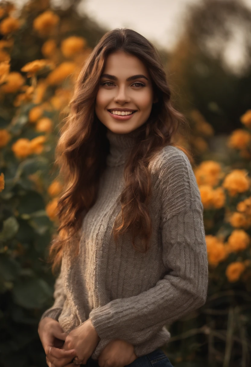 masterpiece,DSLR photo,analog style,nikon d5,real photo,a photo of a beautiful 20 year old woman,dramatic lighting (85mm),with Blooming garden in the background,(detailed facial features),(detailed shiny eyes),dynamic angle,Michelangelo style,long hair,turtleneck sweater,smiling face:1.4,