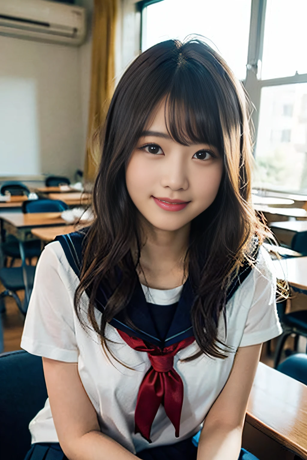 (8K、Raw photography、top-quality、masterpiece:1.2)、(realisitic、Photorealsitic:1.37)、ultra-detailliert、超A high resolution、女の子1人、see the beholder、beautifull detailed face、A smile、Constriction、(Slim waist) :1.3)、Beautiful detailed skin、Skin Texture、Floating hair、Professional Lighting、Whole human body、Longhaire、a blond、Book a high school uniform、a sailor suit、Classroom、Bob Hair、E Cup Breast、Dark blue socks、、High school students、Happy smile