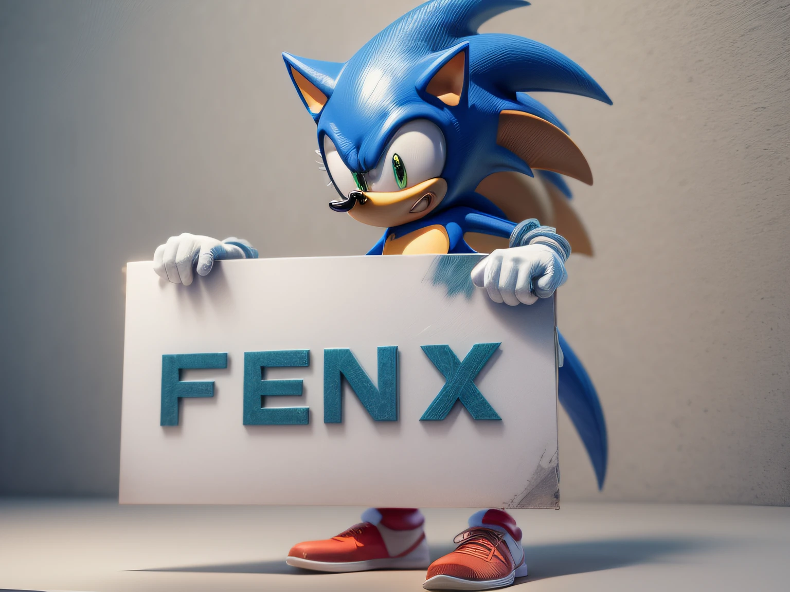 a SONIC holding up a sign that says "FENIX INFORMATICA" REALIST CYBERFUTURIST, illustration, cinematic, 3d render, photo