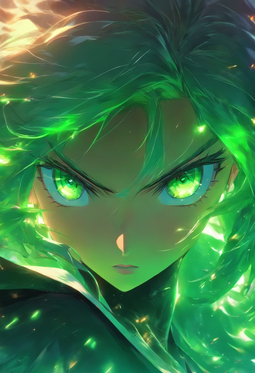 1girl, black hair, cape, facial mark, green eyes, hair between eyes, long hair, looking at viewer, multicolored hair, official style, parody, solo, two-tone hair, white hair