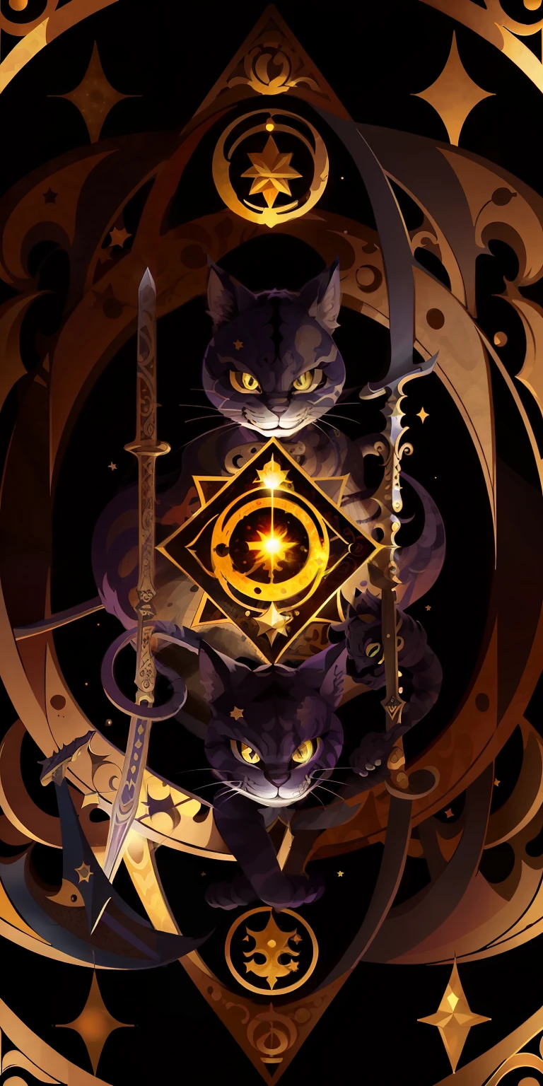 top quality, best quality, logo mark, stamp, Geometric pattern, vector-art, High-quality illustration masterpiece( furry Cheshire_cat, bright smile anthro)tarot theme, Renaissance art style. Use sun's, stars, moons, and swords. 2 swords with the Cheshire.