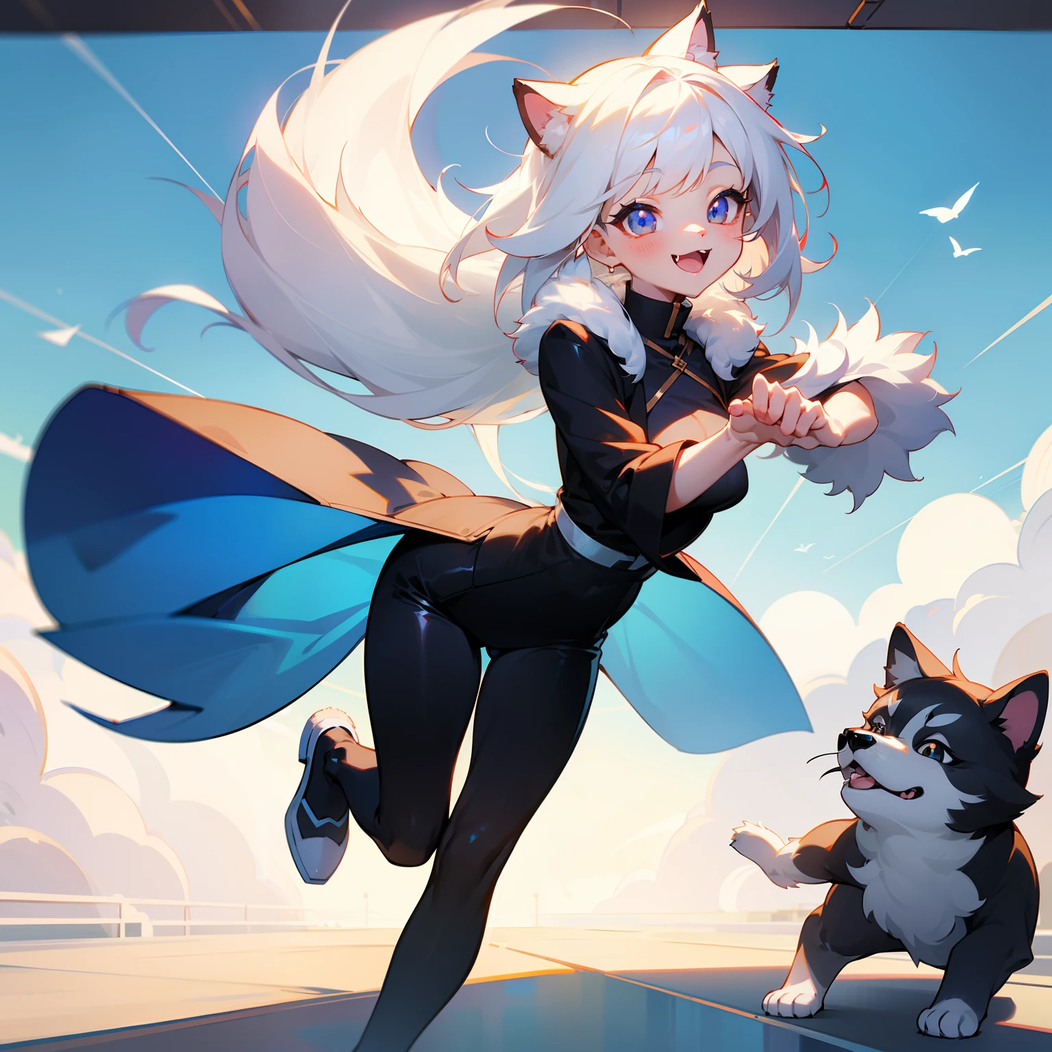 White hairs、fluffy fur、White puppy、Vigorous、Puppy who loves anime、,, furry animal,Instagram icon、The loveliness that everyone looks back on、1 girl in、One puppy、A smile that cheers everyone up、Travel through the world of anime、Spanning the world、FULL BODYSHOT、Office lady style clothes、tight outfit、