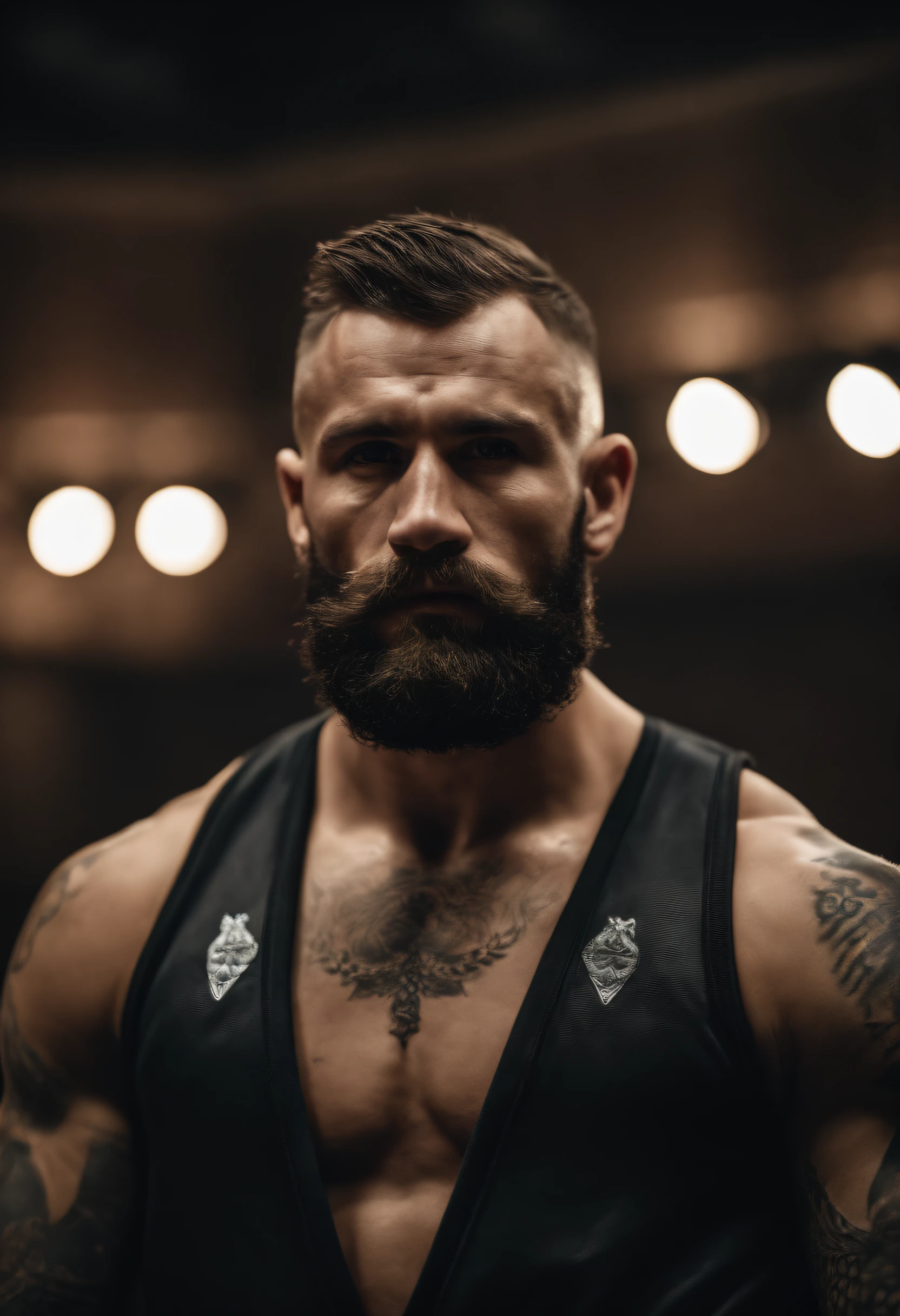 European MMA fighter, cheveux court, barbe, tatouage sur les pectoraux