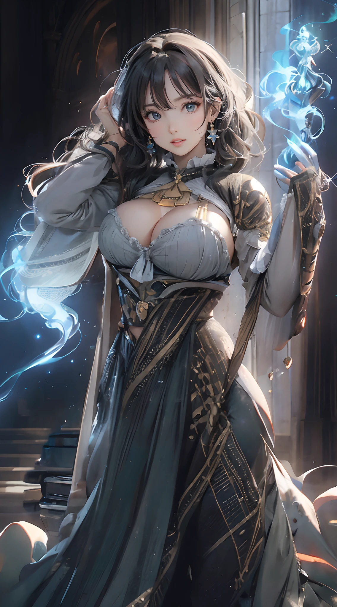 best quality, incredibly attractive and beautiful sorceress navariel, perfect slim fit body, huge breasts, wavy hair, big gorgeous eyes, parted lips, intricate sorceress robe armor, summoning pose, grand sorceress keep interior, glowing sigils and auras, soft tones, clean lines, intricate details, outstanding composition, photorealistic, perfect illustration, ultra high definition, 8k