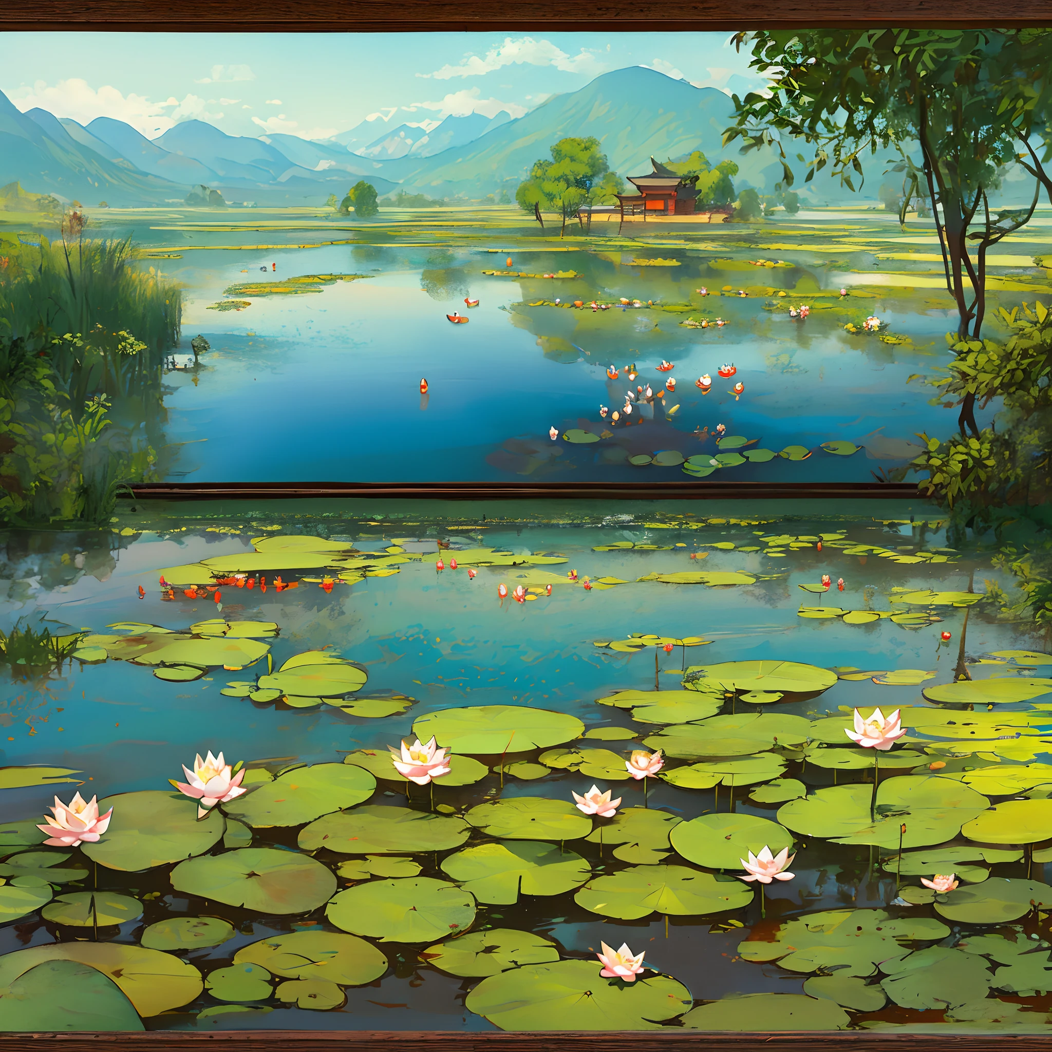 a cottage and fish pond with lotus, chinese landscape painting