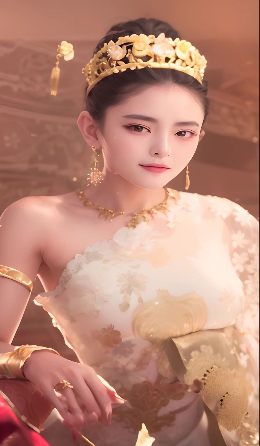 arafed woman in a white dress and gold jewelry posing for a picture, dilraba dilmurat, chinese princess, traditional beauty, palace , a girl in hanfu, ruan jia beautiful!, gorgeous chinese model, very beautiful elven top model, a stunning young ethereal figure, inspired by Lan Ying, ethereal beauty, a beautiful fantasy empress