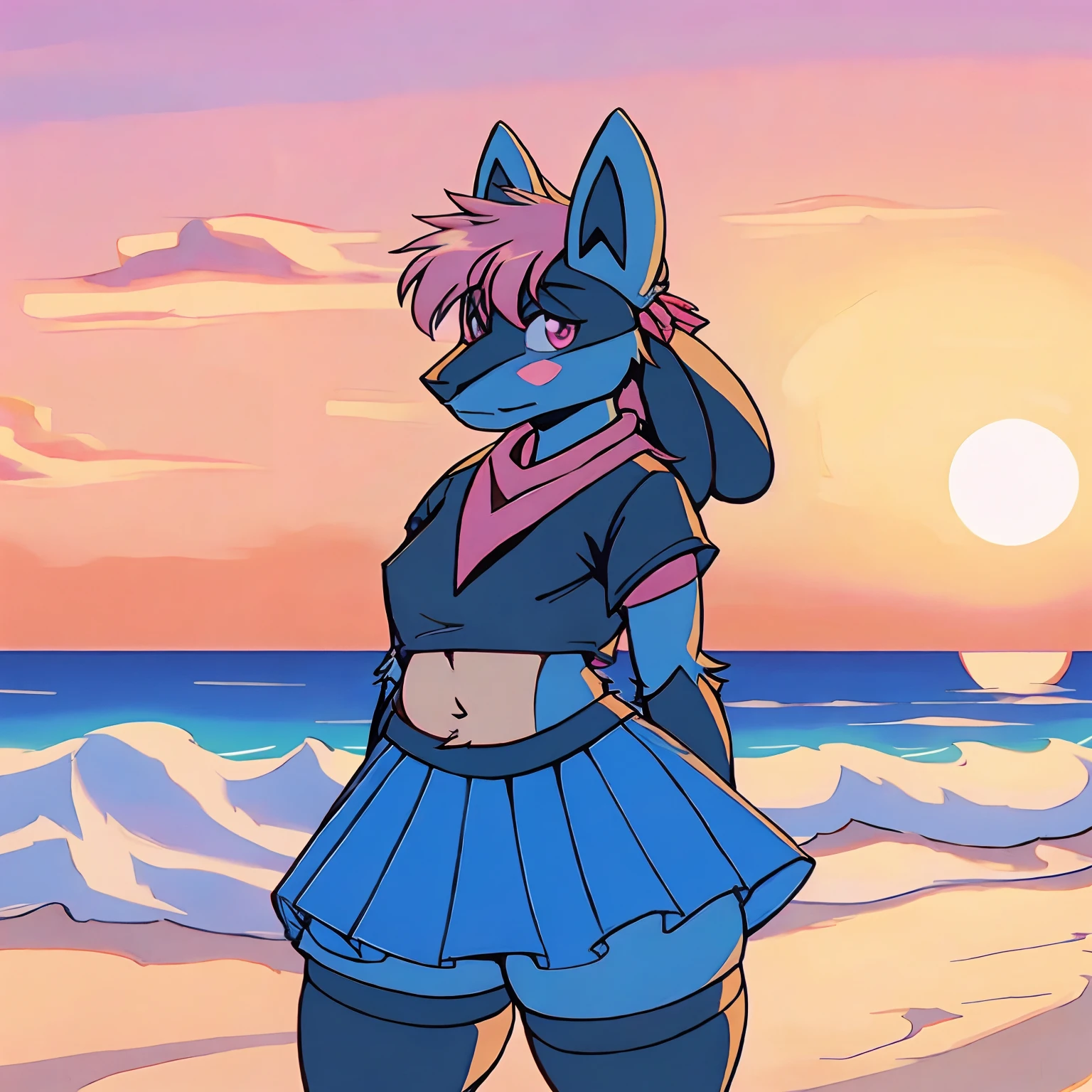 Mute pastel colors, Smooth photos, Retro soul, 1990s animation, 1980s animation, Retro soul, Retro anime style, Masterpiece, Best Quality, Lucario, furry, solo female, Lucario Pokémon, skirt, thigh high socks, crop top black hoodie, Retro Lucario fanart, 1990s anime, retro animation, transgender women, sunset over beach, very detailed background, bandana, white chest spike, pink eyes, high definition eyes, very detailed eyes, chubby, detailed boobs, small amount of pink hair on top of head, blue fur, cute bandana, trans flag bandana, midriff, slightly chubby stomach, picturesque background, picturesque sunset, red bandana, 1 horizon line