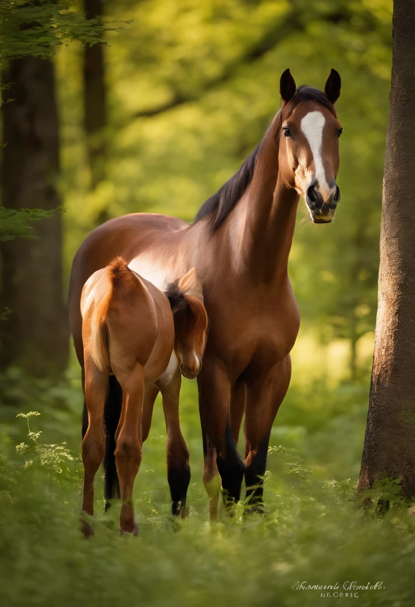 "Create a vivid, picturesque scene that captures the ethereal beauty of a magnificent Mustang horse standing proudly in a lush, serene forest clearing. The golden rays of a gentle dawn sun filter through the dense canopy of towering, ancient trees, creating a breathtaking interplay of light and shadow. The forest is a harmonious blend of emerald green foliage, adorned with dew-kissed leaves that glisten like a thousand diamonds in the soft, early morning light.
In the center of this idyllic setting, the Mustang mare, her coat a rich chestnut hue, stands regally with a sense of serene confidence. Her muscular frame exudes strength and grace, and her eyes, deep and soulful, radiate a sense of maternal devotion and wisdom. By her side, nestled within a bed of wildflowers and soft ferns, lies her newborn foal. The foal is a testament to new life, its coat a pristine ivory with delicate, caramel-colored patches, its spindly legs still wobbly from birth.
The mother and her foal share a tender moment; the mare gently nuzzles her offspring, while the foal, with an air of innocence, gazes up at its mother with a mixture of wonder and trust. In the background, the forest stretches out, its ancient trees adorned with moss and dappled with sunlight, creating a sense of timelessness and natural harmony. The soft murmur of a forest stream can be heard in the distance, adding a soothing soundtrack to this enchanting moment in the heart of the wilderness.
The entire scene exudes tranquility, capturing the essence of the wild and the profound bond between mother and child in the most beautiful of settings. It's a breathtaking display of nature's splendor and the miracle of life in a pristine, unspoiled forest bathed in the soft, golden glow of dawn."