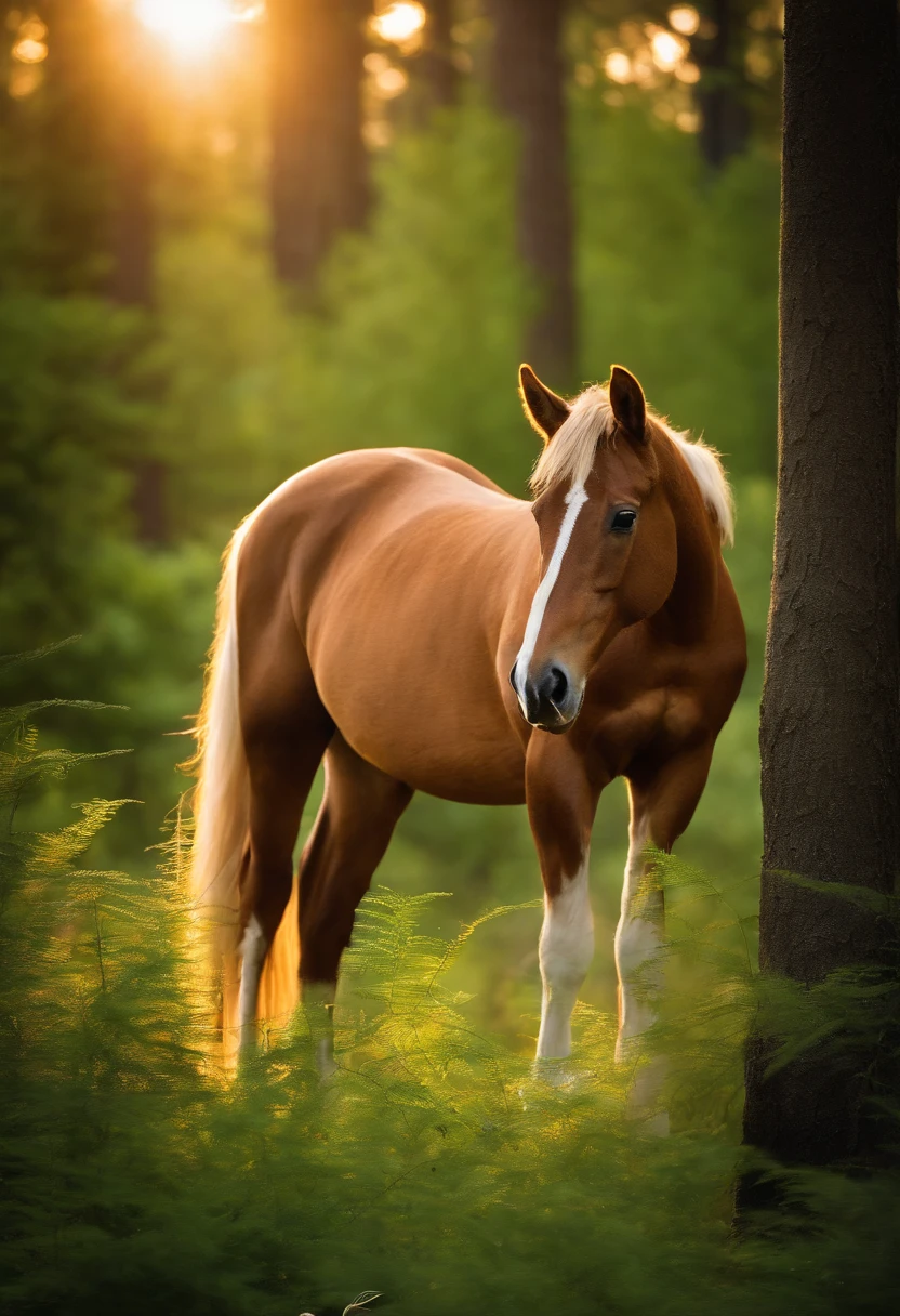 "Create a vivid, picturesque scene that captures the ethereal beauty of a magnificent Mustang horse standing proudly in a lush, serene forest clearing. The golden rays of a gentle dawn sun filter through the dense canopy of towering, ancient trees, creating a breathtaking interplay of light and shadow. The forest is a harmonious blend of emerald green foliage, adorned with dew-kissed leaves that glisten like a thousand diamonds in the soft, early morning light.
In the center of this idyllic setting, the Mustang mare, her coat a rich chestnut hue, stands regally with a sense of serene confidence. Her muscular frame exudes strength and grace, and her eyes, deep and soulful, radiate a sense of maternal devotion and wisdom. By her side, nestled within a bed of wildflowers and soft ferns, lies her newborn foal. The foal is a testament to new life, its coat a pristine ivory with delicate, caramel-colored patches, its spindly legs still wobbly from birth.
The mother and her foal share a tender moment; the mare gently nuzzles her offspring, while the foal, with an air of innocence, gazes up at its mother with a mixture of wonder and trust. In the background, the forest stretches out, its ancient trees adorned with moss and dappled with sunlight, creating a sense of timelessness and natural harmony. The soft murmur of a forest stream can be heard in the distance, adding a soothing soundtrack to this enchanting moment in the heart of the wilderness.
The entire scene exudes tranquility, capturing the essence of the wild and the profound bond between mother and child in the most beautiful of settings. It's a breathtaking display of nature's splendor and the miracle of life in a pristine, unspoiled forest bathed in the soft, golden glow of dawn."