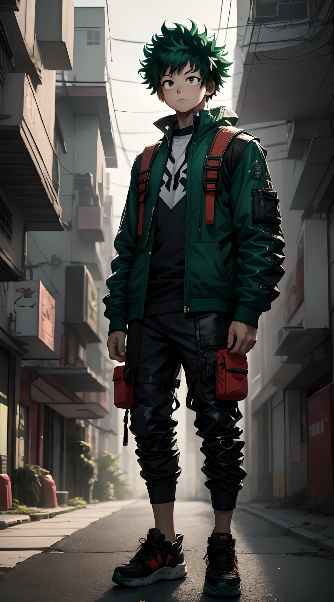 (midoriya_izuku), (high resolution), (ultra detailed), full body shot, look at viewer, street wear, A handsome boy, frontal, green hair, on the street, super high detail, high real, 4K, super detail, anime boy, anime style, cyberpunk city background