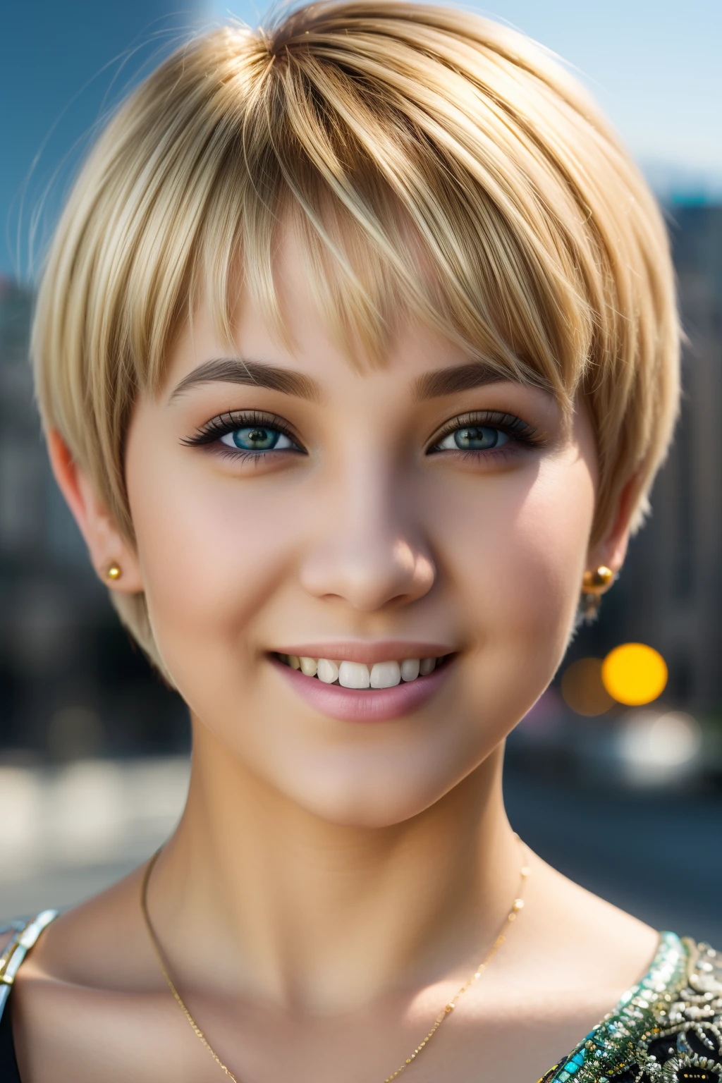 (best quality,high quality,ultra-realistic:1.2),vibrant colors,portrait,sharp focus,extremely detailed,intense lighting,female ager,blonde,black eyes,smile,pixie cut,sunny day,intricate details,City background