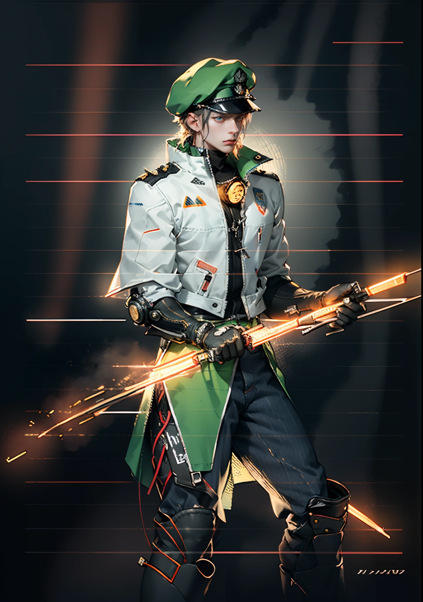 1 man, a man with black short hair, a beret on his head, icy and resolute eyes, a refined face, no expression, wears a two-piece futuristic military-style outfit, tall and slender, wears a light-colored Chinese-style undershirt, a short cape, primarily in shades of green and white, accented by touches of red and yellow, wears dark pants, holds a futuristic-style long metal rod in his hands, set within the futuristic sci-fi atmosphere of a spaceship, this character embodies a finely crafted a futuristic sci-fi military officer in anime style, characterized by an exquisite and mature manga illustration art style, high definition, best quality, highres, ultra-detailed, ultra-fine painting, extremely delicate, professional, anatomically correct, symmetrical face, extremely detailed eyes and face, high quality eyes, creativity, RAW photo, UHD, 8k, Natural light, cinematic lighting, masterpiece:1.5