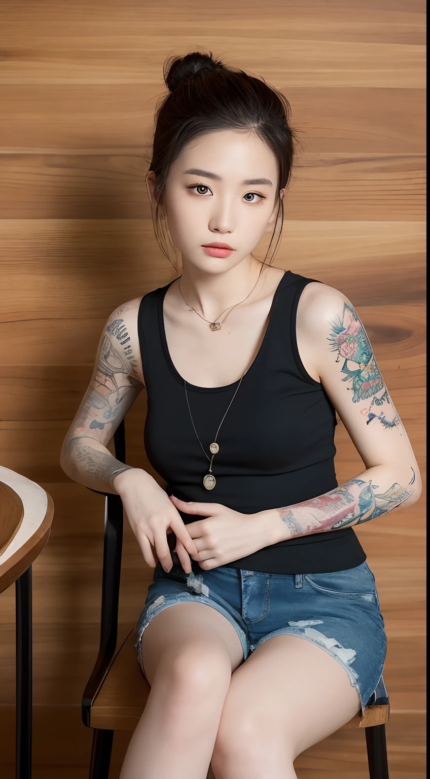 ((Best quality, 8k, Masterpiece :1.3)), Sharp focus :1.2, Chinese sexy slim girl. 18year, whiteTattoos. perfeck body beauty:1.4. Slender abs:1.2. Messy Bun hair, necklace, ((tank top. Shorts Torn torn, buttons open)) Sitting tomboyish woman, on a wooden chair °Full Body° Highly detailed face and skin texture, Detailed eyes, Double eyelid_mix4, 20d, solo, photo-realistic:1.37 .. Detailed texture of tattooed skin. Tattooed hands. Tattooed neck
