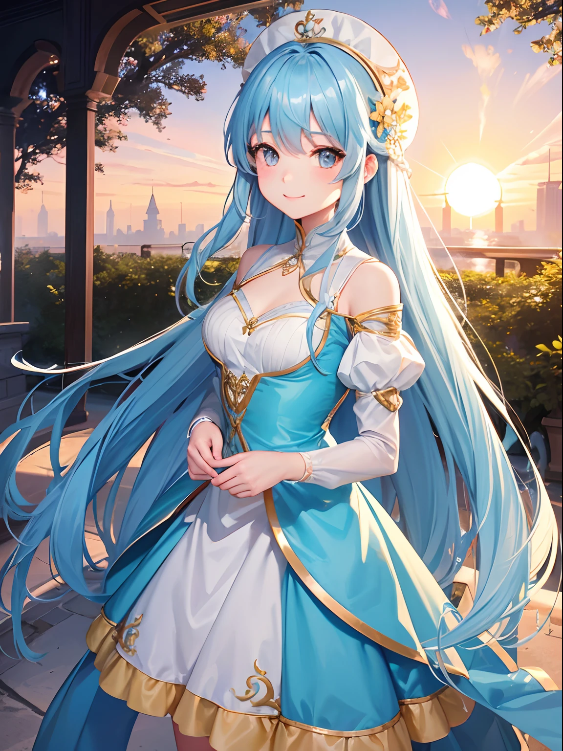 Park at dusk　The sun goes down　Pretty girl　Light blue long hair　A charming smile　Cute costumes　Facing the front　Face Highlights