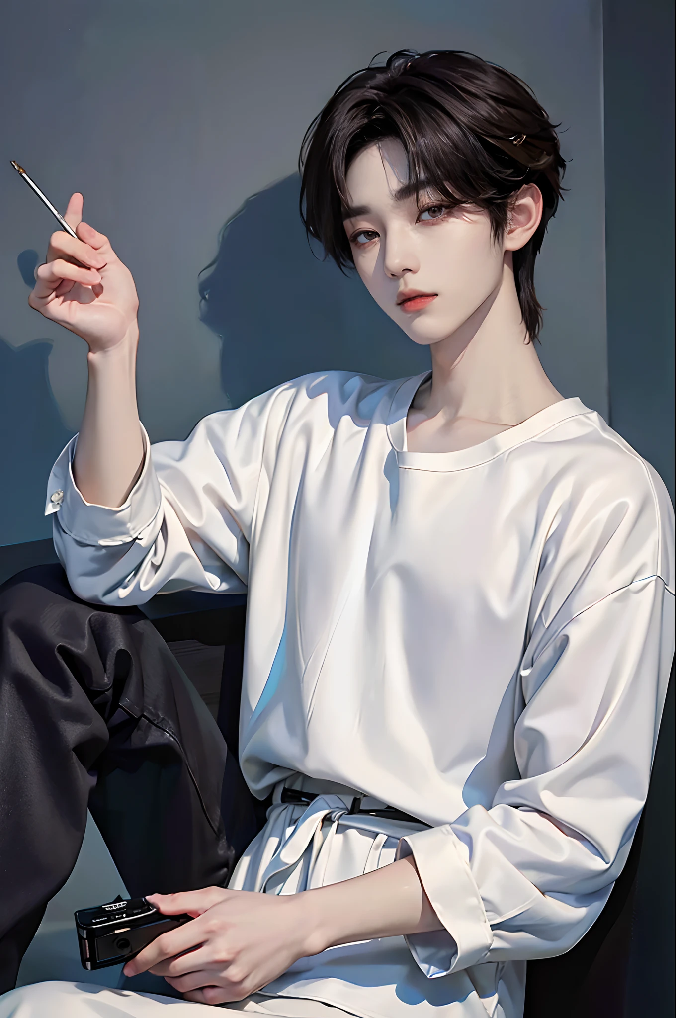 masterpiece、(top-quality)、((high-level image quality))、One Manly Boy、Slim body、((White Y-shirt and long black pants))、(Detailed beautiful eyes)、September Night Road、sitting on a curb、Face similar to Chaewon in Ruseraphim、((short hair above the ears))、((Smaller face))、((Neutral face))、((Light brown eyes))、((Korean boy))、((18year old))、((Handsome man))、((Wild look))、((Korean Makeup))、((elongated and sharp eyes))、((Sit next to the viewer))、((shot from a side angle))、((The upper part of the body))、((Close-range shooting))