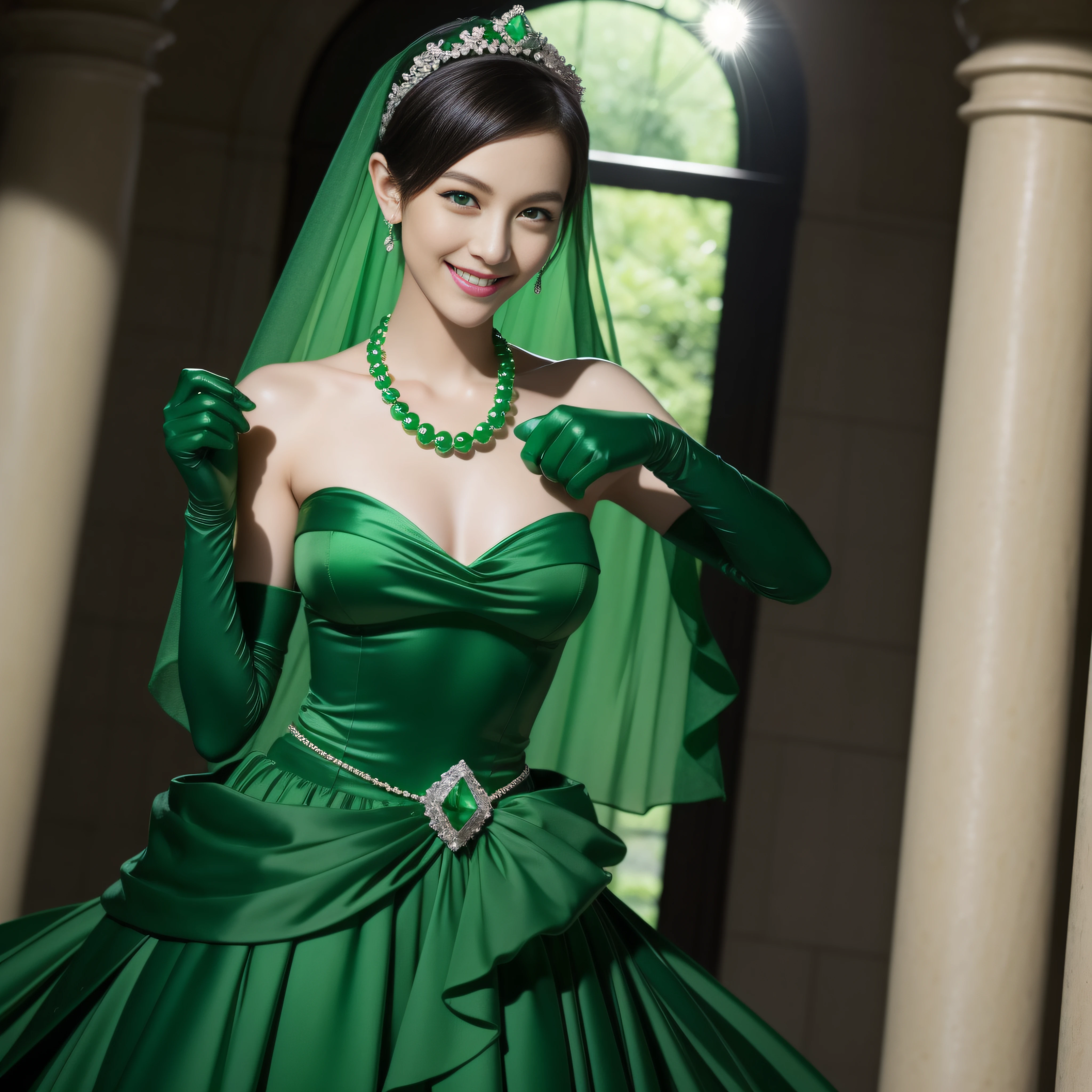 emerald tiara, Green Pearl Necklace, Boyish very short black hair, lipsticks, Japan woman smiling, very short short hair, big breasts beautiful, Green eyes, Long green gloves made of satin material, Green eyes, Emerald Earrings