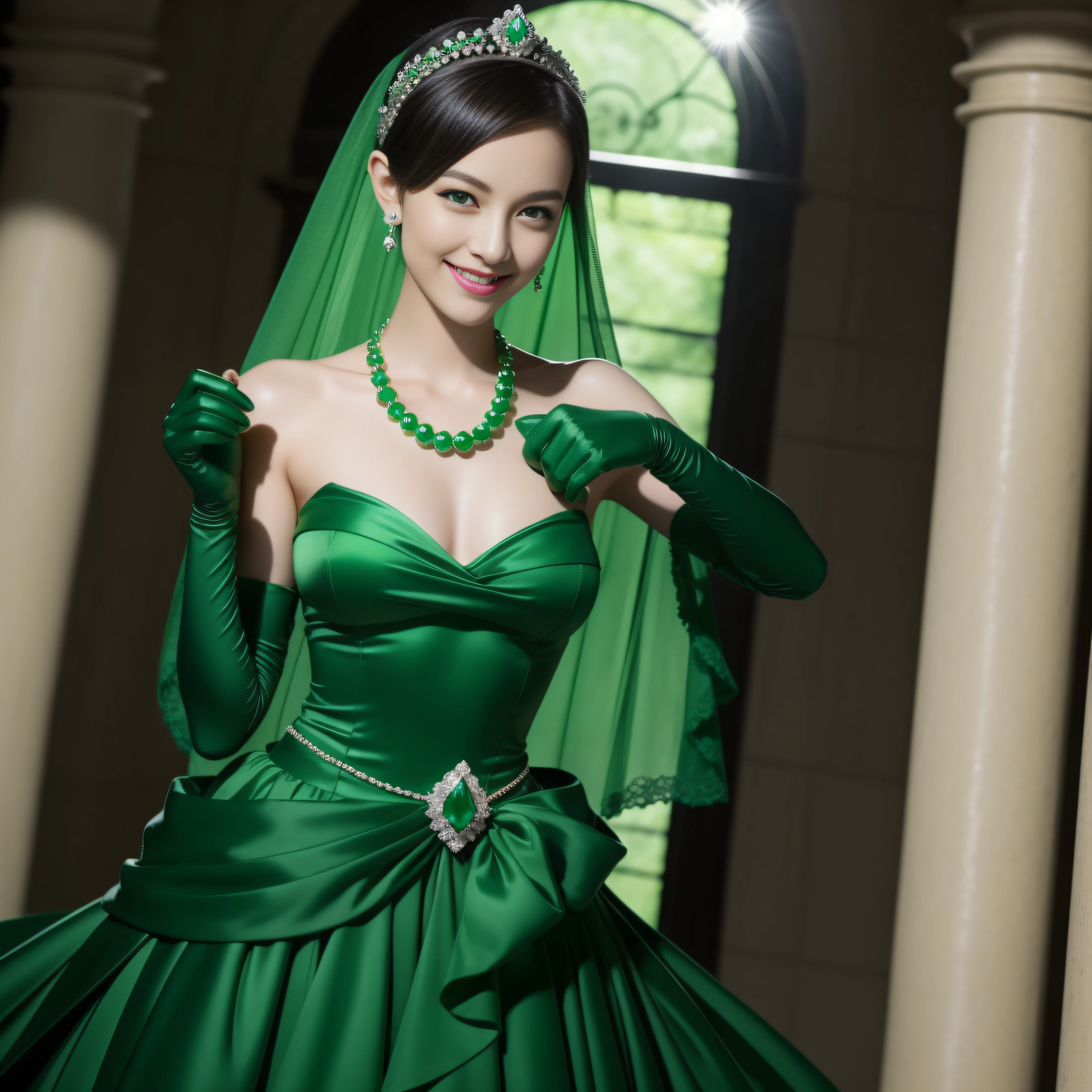 emerald tiara, Green Pearl Necklace, Boyish very short black hair, lipsticks, Japan woman smiling, very short short hair, big breasts beautiful, Green eyes, Long green gloves made of satin material, Green eyes, Emerald Earrings