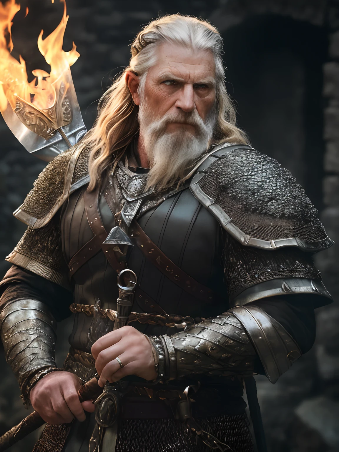 (Highest quality:1.3), cinematic shot, masterpiece, (sharp focus:1.5), (photorealistic:1.3),  medium portrait of (a weary-looking but still proud and fierce-looking old Viking warrior, now the leader of his village, dressed in elaborately detailed chain mail and leather armour, a few torches burn on the walls, giving the scene a dark atmosphere but sculpting the forms in sharp chiaroscuro), it is night time, (highly detailed skin),  (detailed face), detailed background, dark lighting, twilight lighting, volumetric lighting,  intricate details, UHD,