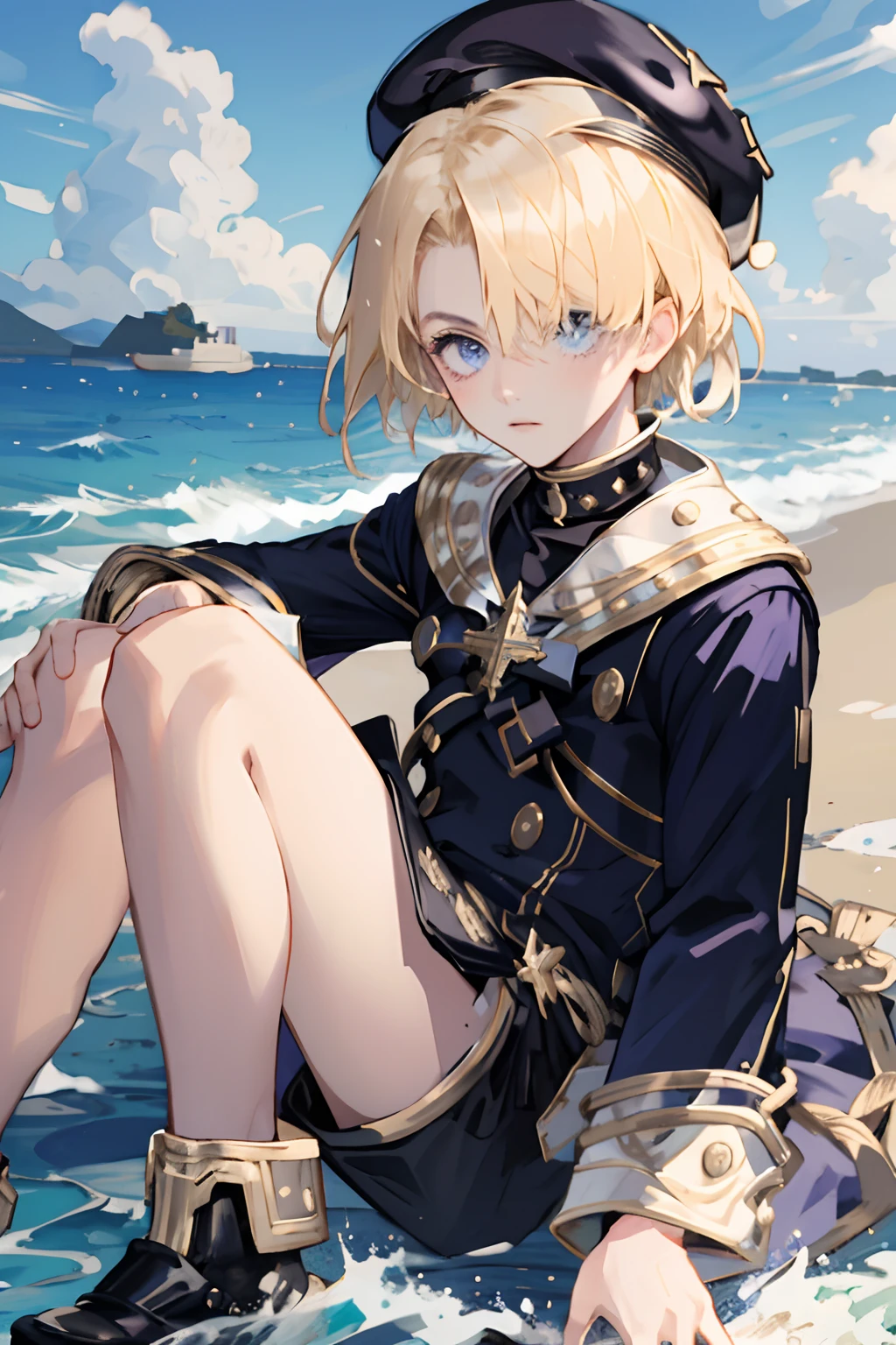 freminet, 1boy, solo, hair over one eye, short hair, blonde hair, purple eyes, blue eyes, sailor collar, black jacket, big white cuffs, black beret, blue details, on the shore of the ocean