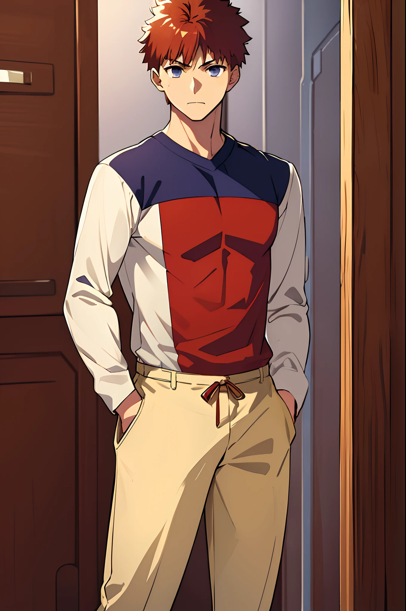 (masterpiece, best quality:1.2), cowboy shot, solo, male focus, 1boy, emiya shirou, expressionless, closed mouth, looking at viewer, hand in pocket, shirt, pants