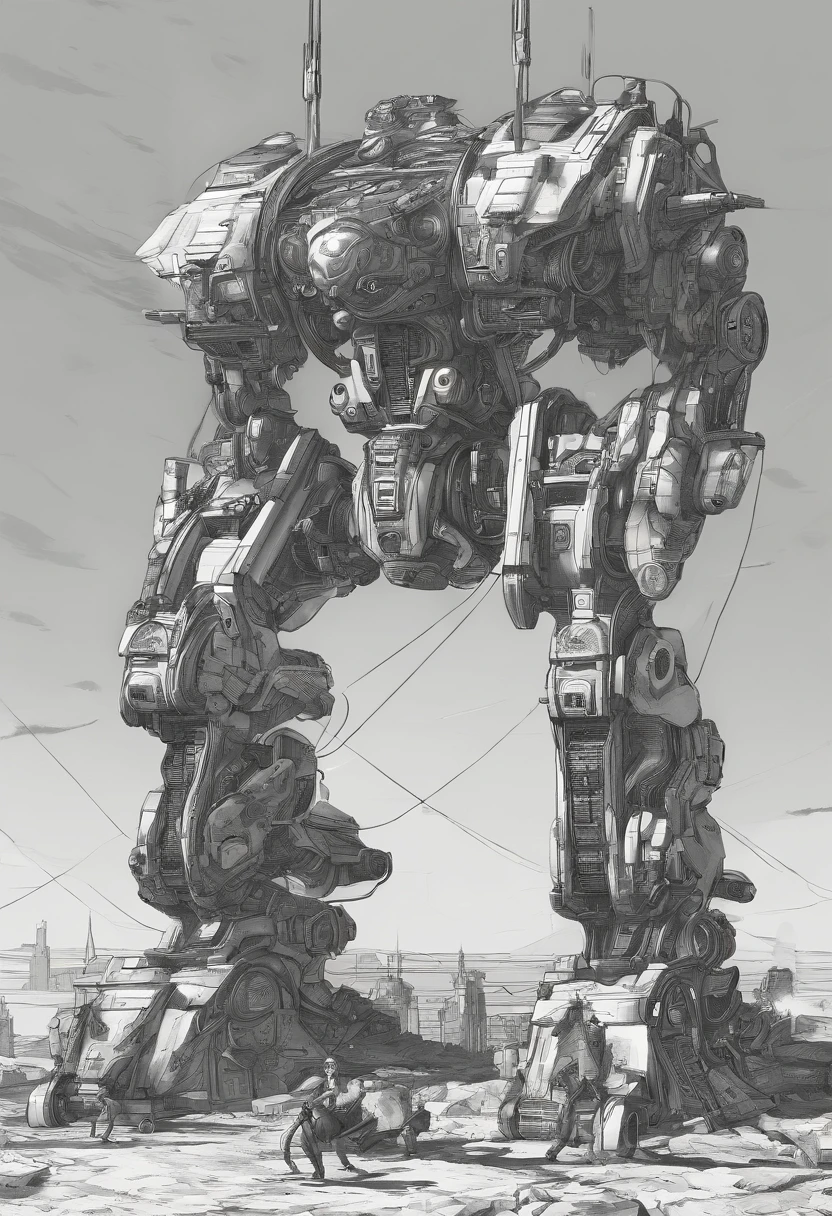3D, quadruped Industrial-mecha,mecha in the ruins of city from a forgotten war, ancient technology,
