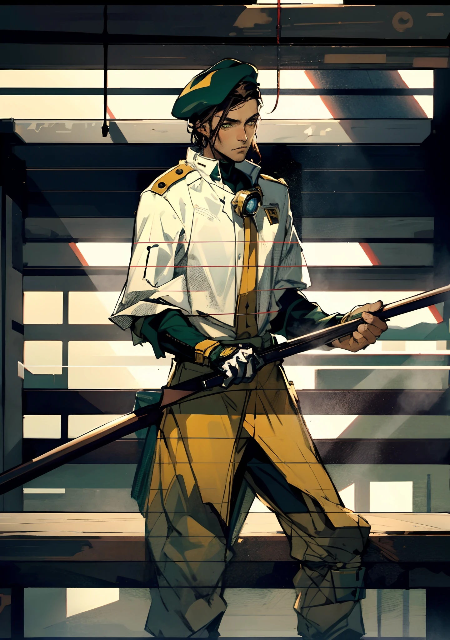 1 man, a man with black short hair, a beret on his head, icy and resolute eyes, a refined face, no expression, wears a two-piece futuristic military-style outfit, tall and slender, wears a light-colored Chinese-style undershirt, a short cape, primarily in shades of green and white, accented by touches of red and yellow, wears dark pants, holds a futuristic-style long metal rod in his hands, set within the futuristic sci-fi atmosphere of a spaceship, this character embodies a finely crafted a futuristic sci-fi military officer in anime style, characterized by an exquisite and mature manga illustration art style, high definition, best quality, highres, ultra-detailed, ultra-fine painting, extremely delicate, professional, anatomically correct, symmetrical face, extremely detailed eyes and face, high quality eyes, creativity, RAW photo, UHD, 8k, Natural light, cinematic lighting, masterpiece:1.5