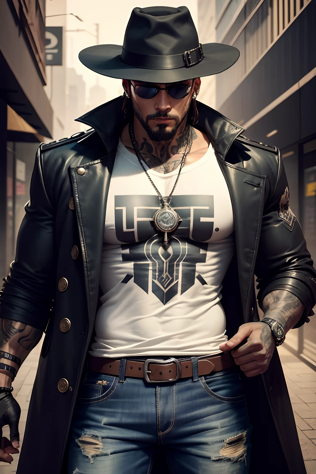 Pistoleiro cyberpunk homem com, goatee overcoat big black black hat , Revolver Demon Hunter, who has tattoos on his neck and big white T-shirt jeans