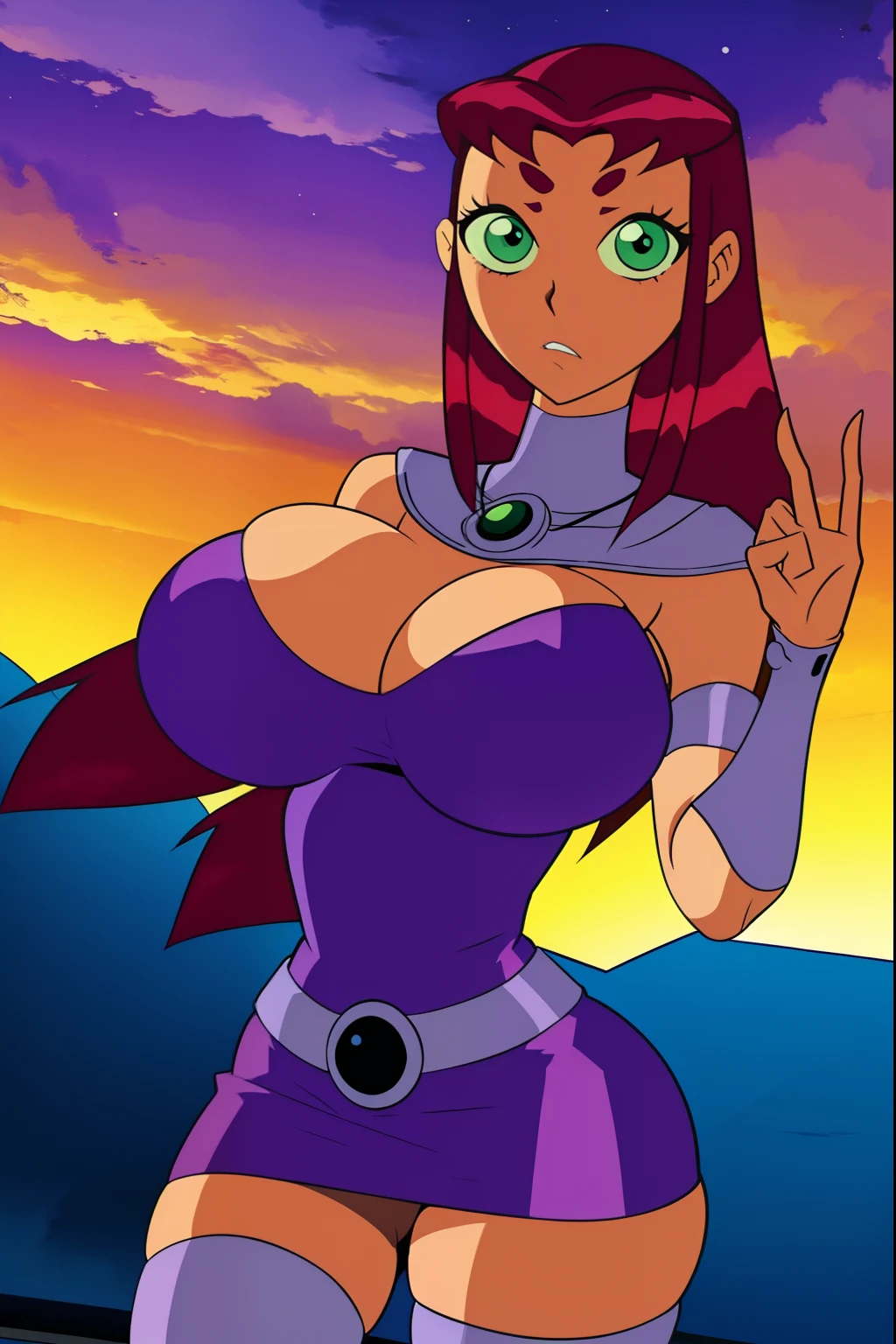 Teen titans, Starfire, anime, masterpiece, 1girl, ((bimbo))), green eyes, beautiful eyes, serious face, blushing, long red hair, wide hips, thick thigh, big breasts, cleavage, huge ass, shiny skin, purple skirt, purple top, reaching hand out at viewer,