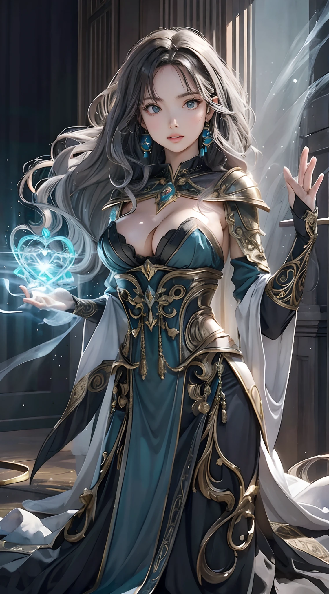 best quality, incredibly attractive and beautiful sorceress navariel, perfect slim fit body, huge breasts, wavy hair, big gorgeous eyes, parted lips, intricate sorceress robe armor, summoning pose, grand sorceress keep interior, glowing sigils and auras, soft tones, clean lines, intricate details, outstanding composition, photorealistic, perfect illustration, ultra high definition, 8k