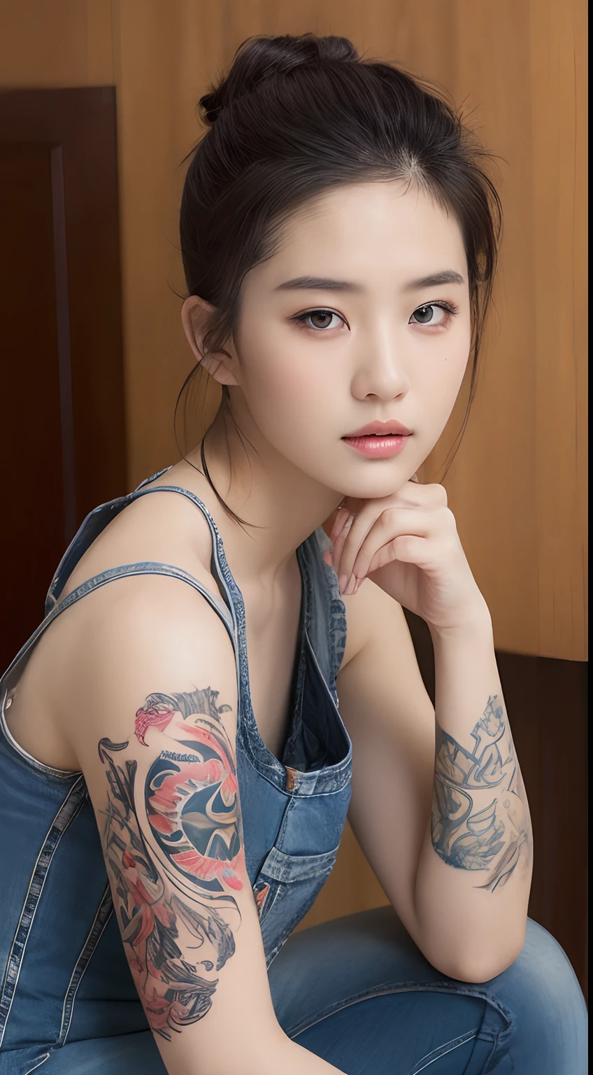 ((Best quality, 8k, Masterpiece :1.3)), Sharp focus :1.2, Chinese sexy slim girl. 18year, whiteTattoos. perfeck body beauty:1.4. Slender abs:1.2. Messy Bun hair, necklace, ((tank top. Jeans. Jeans. Torn torn, buttons open)) Sitting tomboyish woman, on a wooden chair  °Full Body° Highly detailed face and skin texture, Detailed eyes, Double eyelid_mix4, 20d, solo, photo-realistic:1.37 .. Detailed texture of tattooed skin. Tattooed hands. Tattooed neck