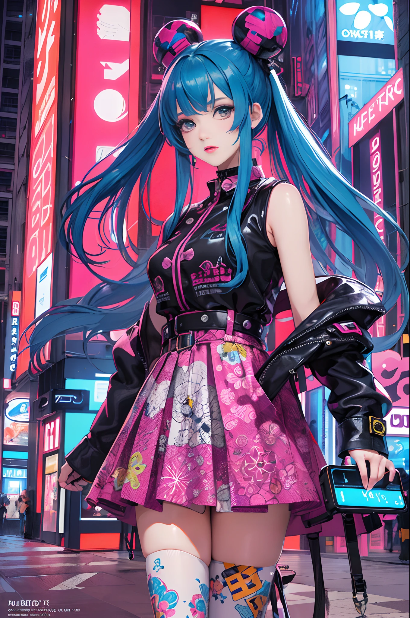 An anime illustration of a cyberpunk girl, looking at viewer, cowboy shot, 
Confident girl with slightly sassy expression, ((Harajuku-inspired pop outfit)), bold colors and patterns, eye-catching accessories, trendy and innovative hairstyle, vibrant makeup, (dynamic pose), futuristic and orderly dazzling Cyberpunk cityscape, skyscrapers, neon signs, glowing LED lights, bright and vivid color scheme, anime, illustration,  beautiful detailed face, intricate details, ultra detailed.