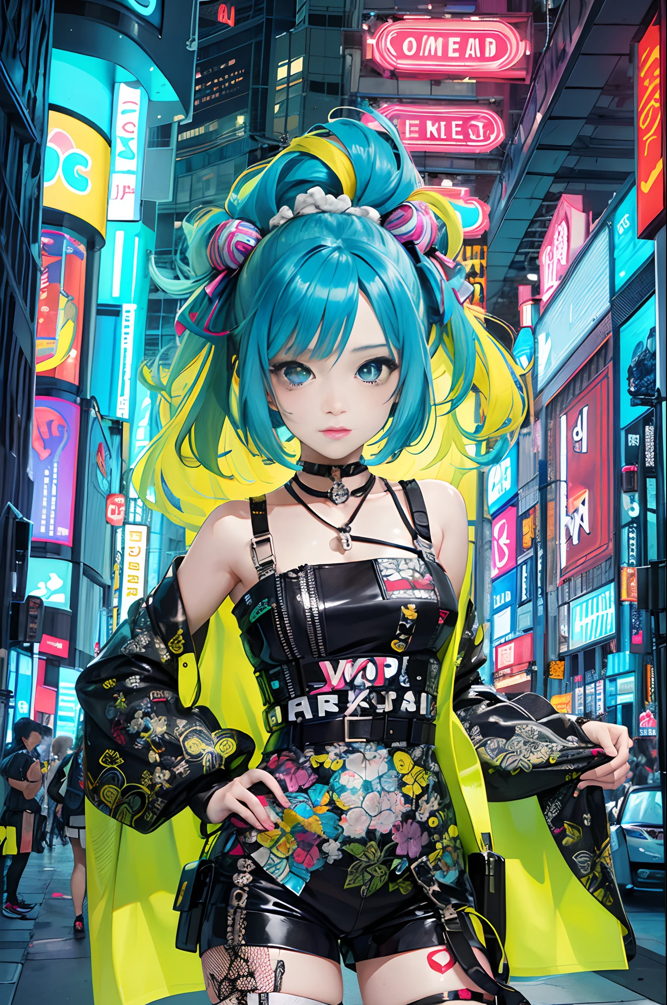 An anime illustration of a cyberpunk girl, looking at viewer, cowboy shot, 
Confident girl with slightly sassy expression, ((Harajuku-inspired pop outfit)), bold colors and patterns, eye-catching accessories, trendy and innovative hairstyle, vibrant makeup, (dynamic pose), futuristic and orderly dazzling Cyberpunk cityscape, skyscrapers, neon signs, glowing LED lights, bright and vivid color scheme, anime, illustration,  beautiful detailed face, intricate details, ultra detailed.