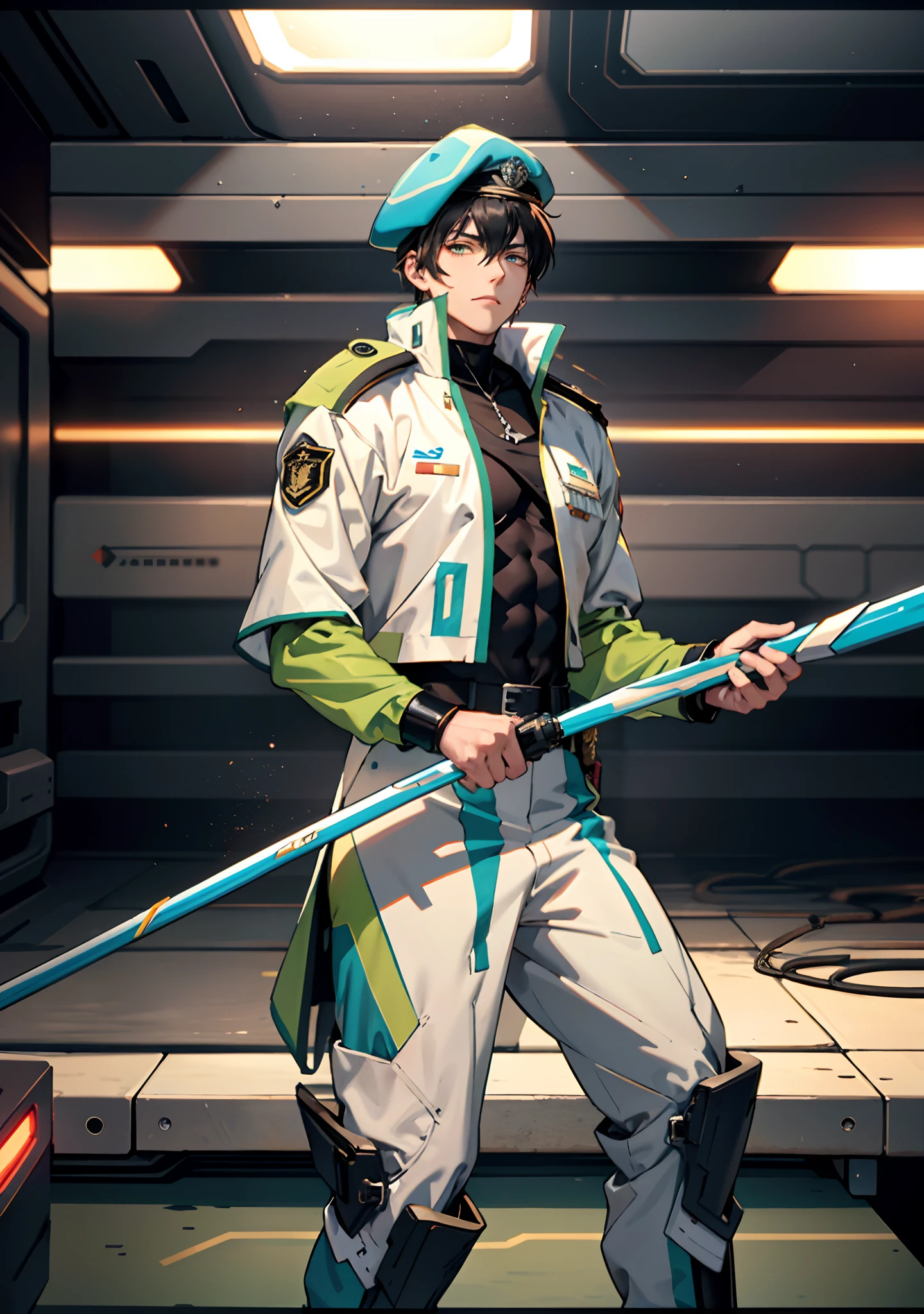 1 man, a man with black short hair, a beret on his head, icy and resolute eyes, a refined face, no expression, wears a two-piece futuristic military-style outfit, tall and slender, wears a light-colored Chinese-style undershirt, a short cape, primarily in shades of green and white, accented by touches of red and yellow, wears dark pants, holds a futuristic-style long metal rod in his hands, set within the futuristic sci-fi atmosphere of a spaceship, this character embodies a finely crafted a futuristic sci-fi military officer in anime style, characterized by an exquisite and mature manga illustration art style, high definition, best quality, highres, ultra-detailed, ultra-fine painting, extremely delicate, professional, anatomically correct, symmetrical face, extremely detailed eyes and face, high quality eyes, creativity, RAW photo, UHD, 8k, Natural light, cinematic lighting, masterpiece:1.5