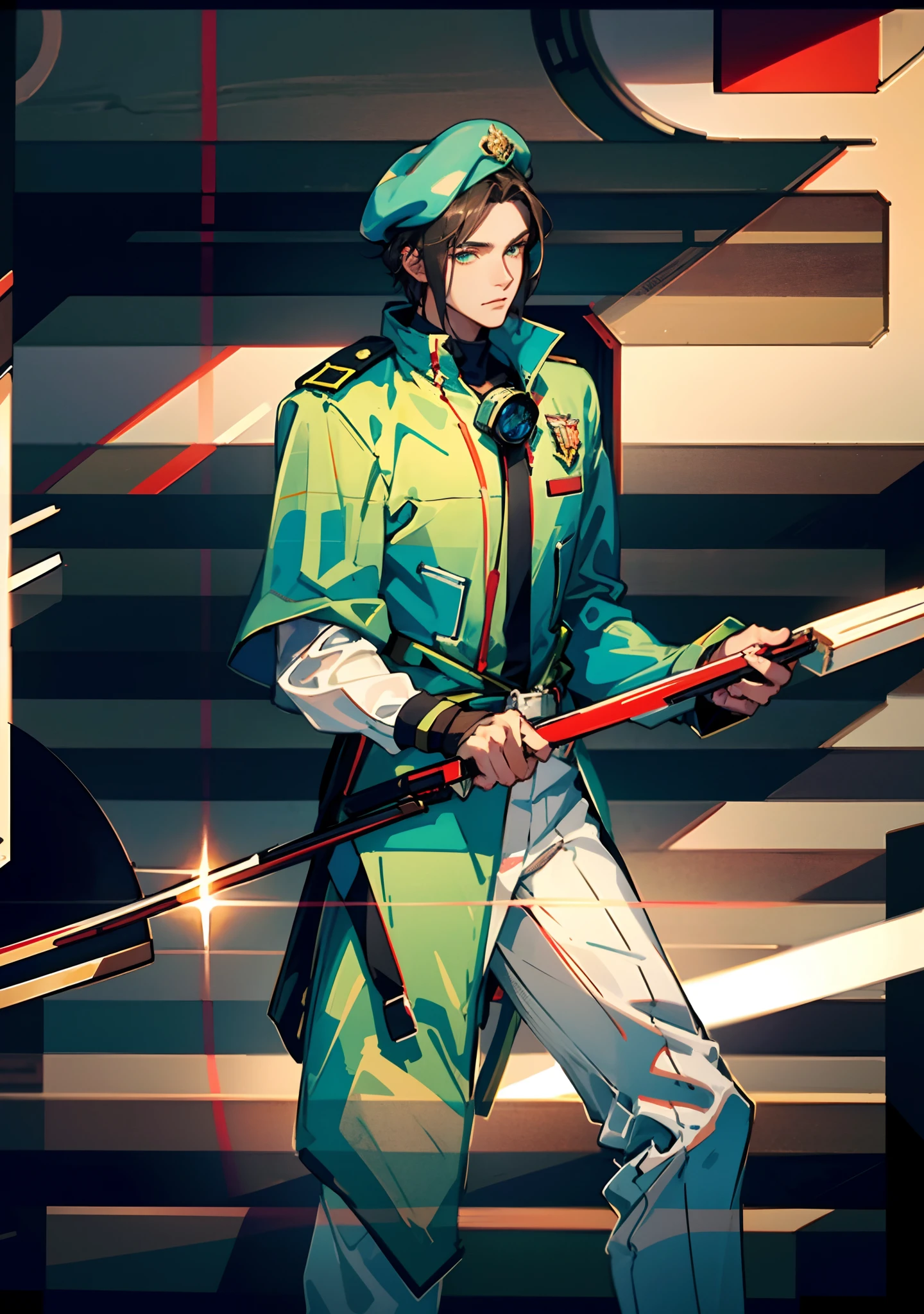 1 man, a man with black short hair, a beret on his head, icy and resolute eyes, a refined face, no expression, wears a two-piece futuristic military-style outfit, tall and slender, wears a light-colored Chinese-style undershirt, a short cape, primarily in shades of green and white, accented by touches of red and yellow, wears dark pants, holds a futuristic-style long metal rod in his hands, set within the futuristic sci-fi atmosphere of a spaceship, this character embodies a finely crafted a futuristic sci-fi military officer in anime style, characterized by an exquisite and mature manga illustration art style, high definition, best quality, highres, ultra-detailed, ultra-fine painting, extremely delicate, professional, anatomically correct, symmetrical face, extremely detailed eyes and face, high quality eyes, creativity, RAW photo, UHD, 8k, Natural light, cinematic lighting, masterpiece:1.5