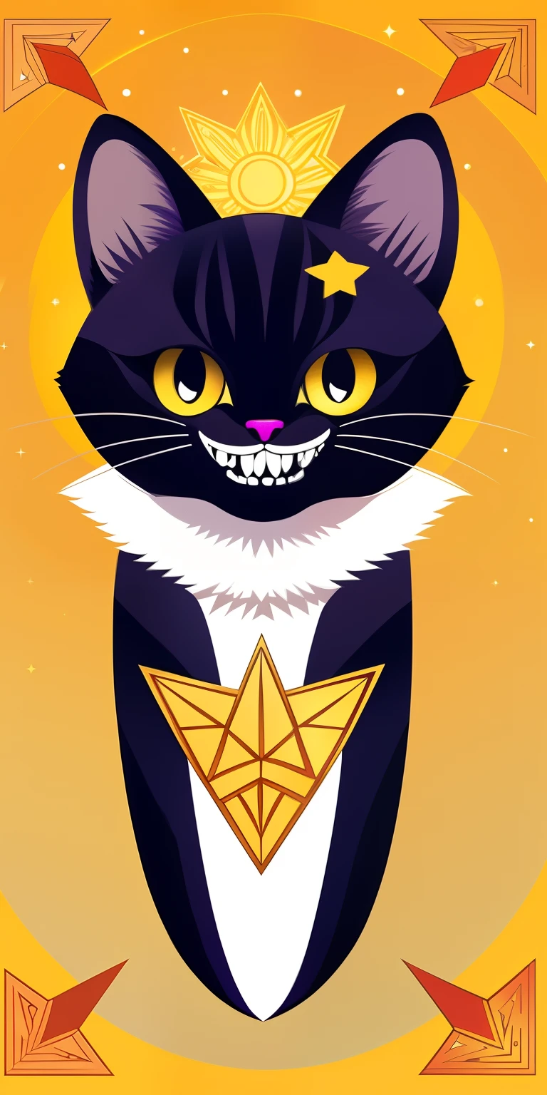 top quality, best quality,, Geometric pattern like squares circles and triangles, vector-art, High-quality illustration masterpiece( furry Cheshire_cat, bright smile anthro)tarot theme, Renaissance art style. Use sun's, stars, moons, and swords. 2 swords with the Cheshire. Big bright smile. Shining swords. Cosmic.