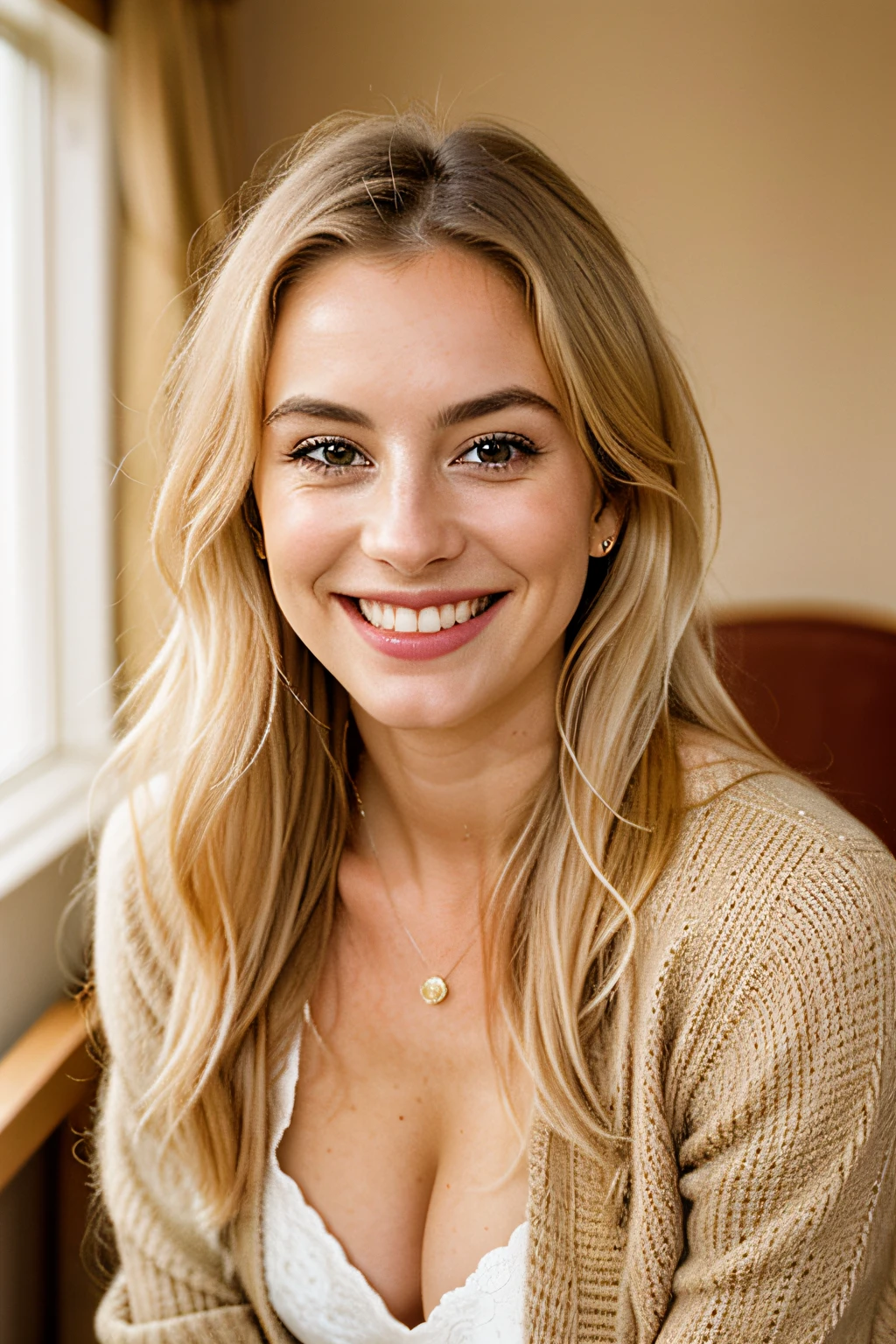 1 Woman, 25 year old, masterpiece, Very detailed, solo, smile, stunning RAW , a beautiful woman, ,long blonde haire, small nose, cheerful, happy, fall outfit, background luxury hotel, solo and that her happiness radiates from the image. analog style (look at viewer:1.2) (skin texture) (film grain:1.3), (warm hue, warm tone:1.2), portrait, photo realistic and detailed
