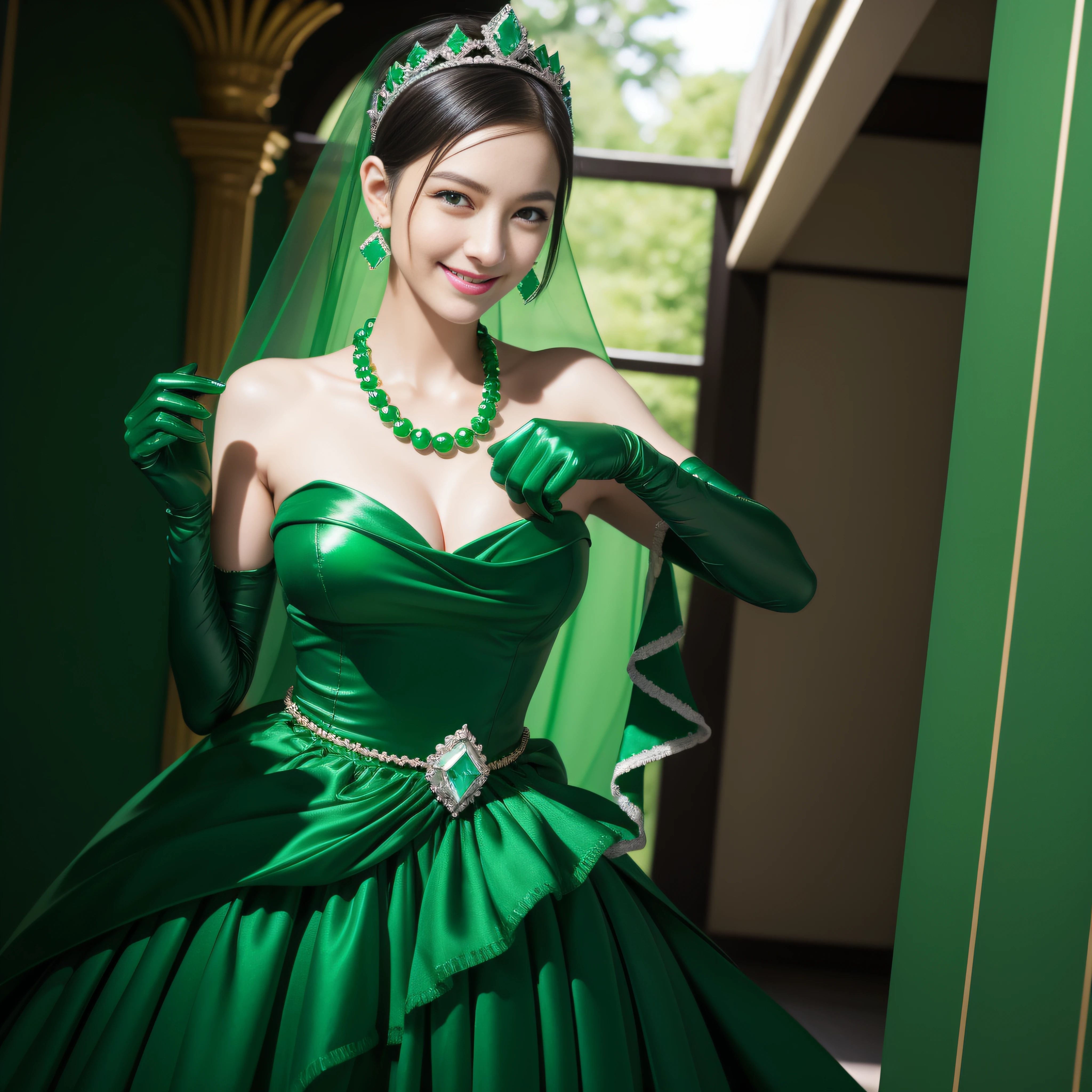 emerald tiara, Green Pearl Necklace, Boyish very short black hair, lipsticks, Japan woman smiling, very short short hair, big breasts beautiful, Green eyes, Long green gloves made of satin material, Green eyes, Emerald Earrings