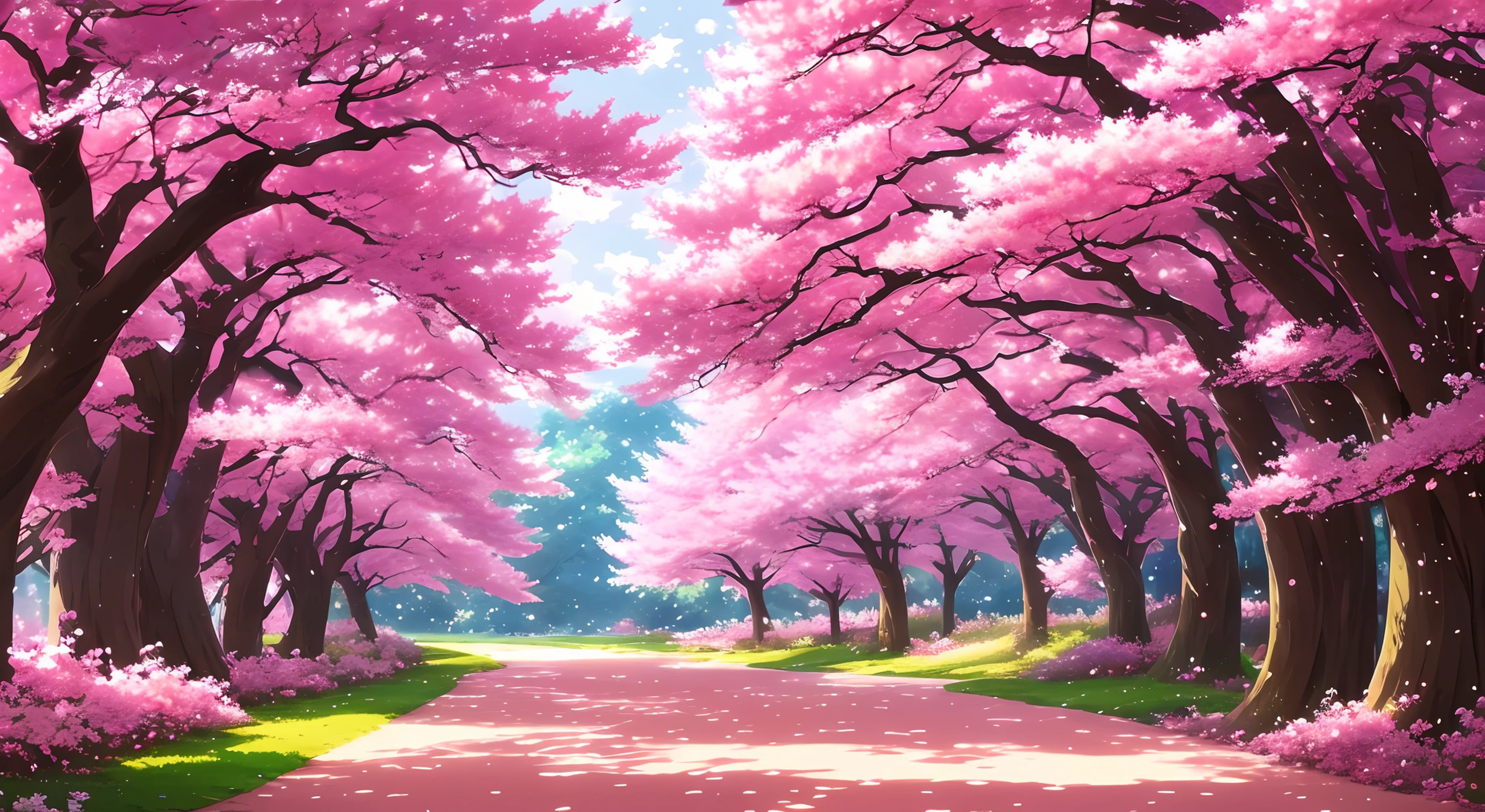 painting of a tree in a pink forest with a path, anime nature, anime beautiful peace scene, anime background art, anime nature wallpap, cherry blossom forest, anime background, scenery art detailed, seasons!! : 🌸 ☀ 🍂 ❄, anime countryside landscape, scenery artwork, made of tree and fantasy valley, dream scenery art, beautiful anime scenery, anime landscape