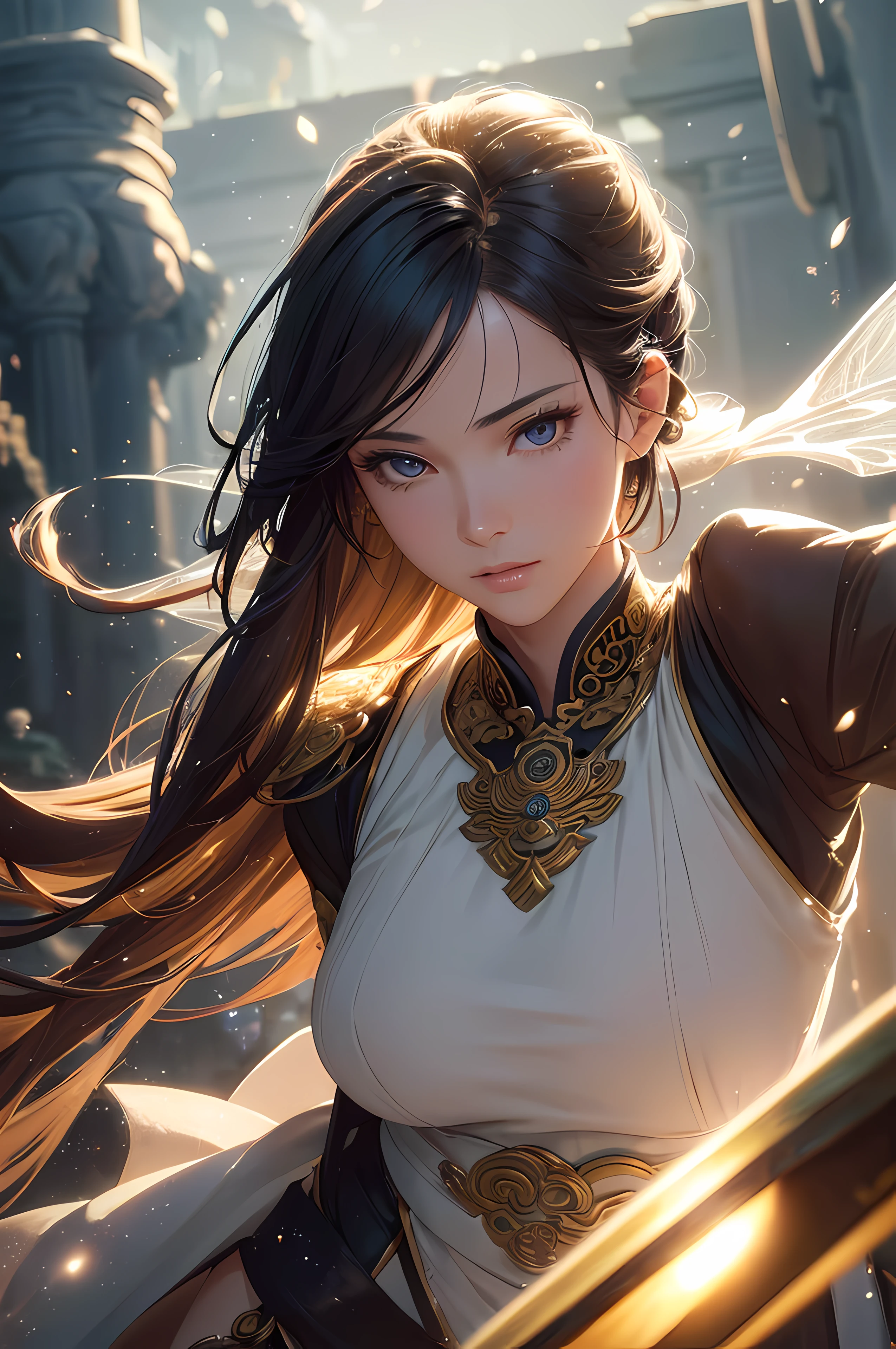 ((Highest quality)), ((outstanding detail)), ((super high resolution: 3.5)), (fidelity: 1.4), ((best illustration, favor details, perfect detail rendering, ultra HD, masterpiece, ultra high res)), (photorealistic:1.5), realistic oil art, raw photo, perfect brightness and darkness, light ray, perfect balance, smooth color transition, full body frame, shining light, perfect color layer, perfect color blur, perfect lighting, movement motion, photo manipulation, fantastical scenes, digital artistry, striking visuals , kinetic art, dynamic motion, captivating visuals, , warm soft lighting effect, (sparks:0.7), extremely detailed, (beautiful detailed glow), lens flare, backlighting, absurdres, (beautiful light effect), ((This woman is a golden elixir cultivator among several people. She has an extremely beautiful face and graceful figure. She has a mini guqin on her snow-white neck. She has a misty breath, just like a fairy.
))