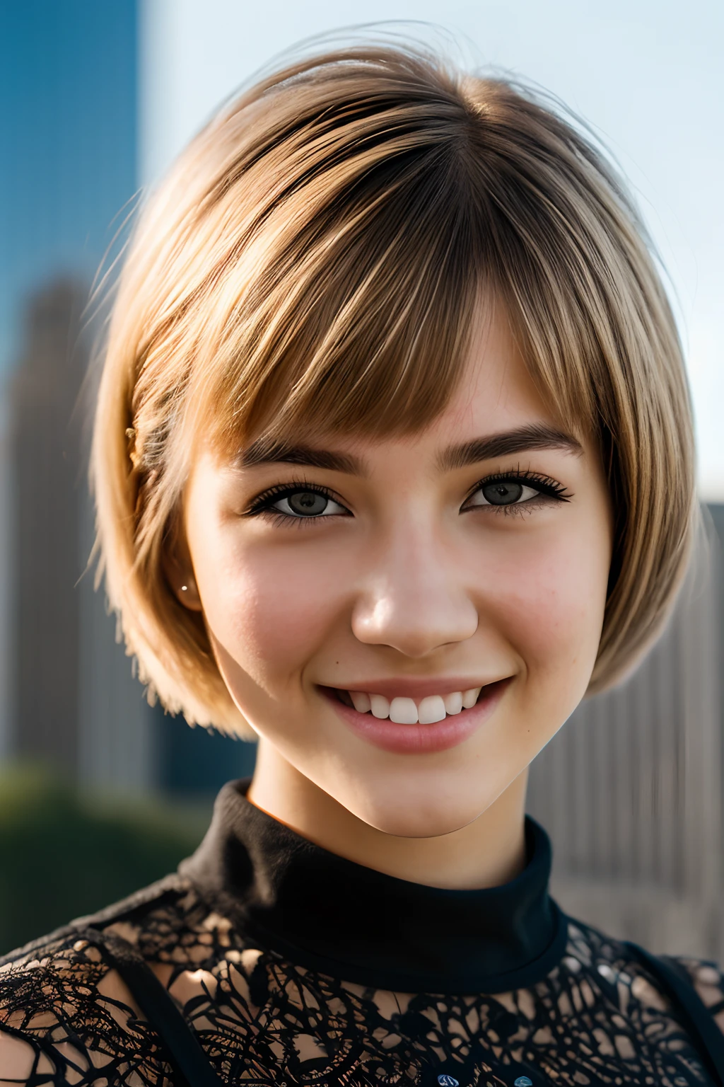 (best quality,high quality,ultra-realistic:1.2),vibrant colors,portrait,sharp focus,extremely detailed,intense lighting,female ager,blonde,black eyes,smile,pixie cut,sunny day,intricate details,City background